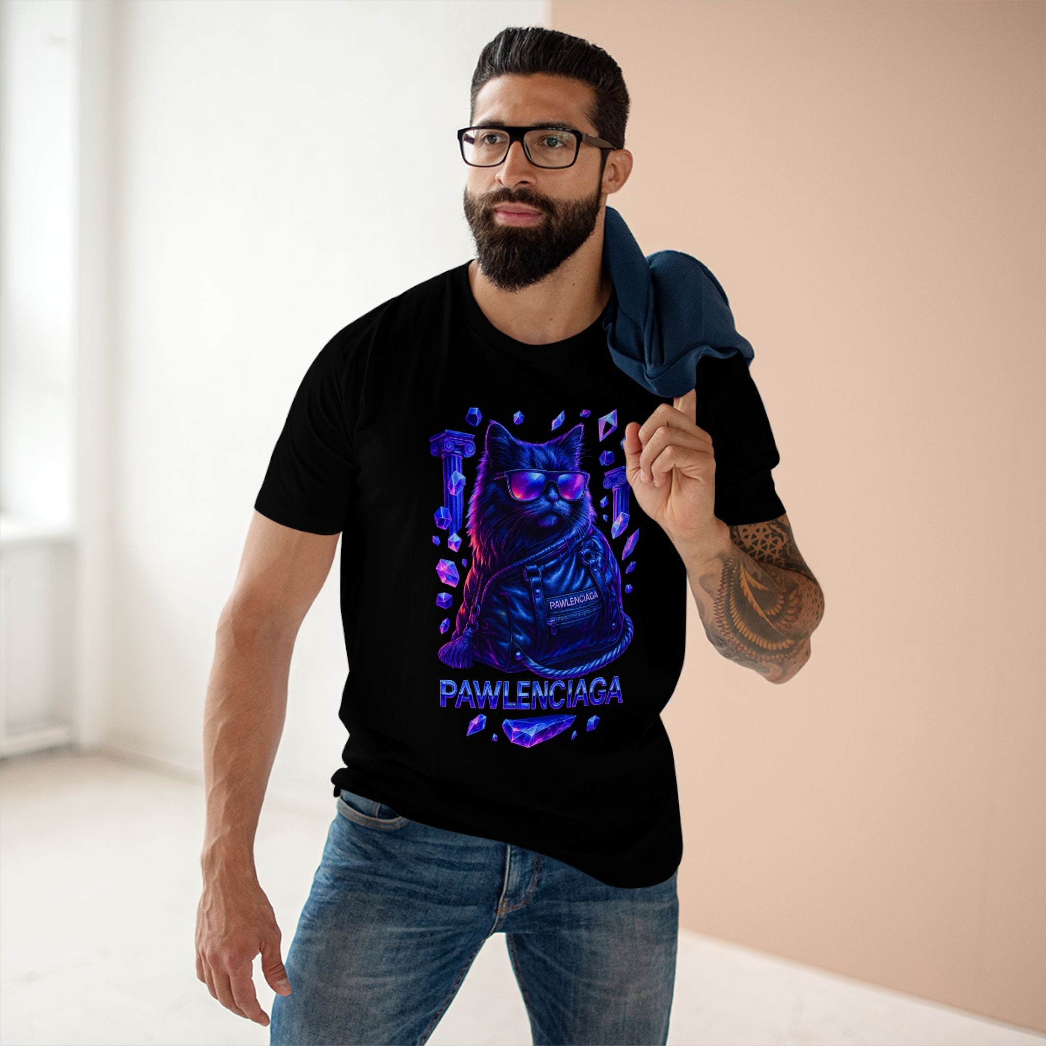 Pawlenciaga Crystal Empire Cat Graphic Black T-Shirt, worn by a male model