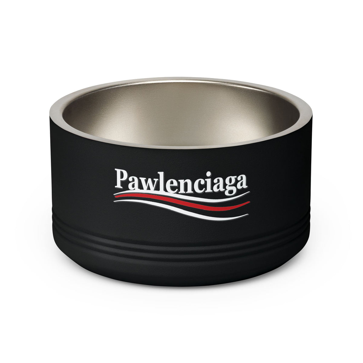 Pawlenciaga Logo Designer Stainless Steel Cat Bowl in black, front view