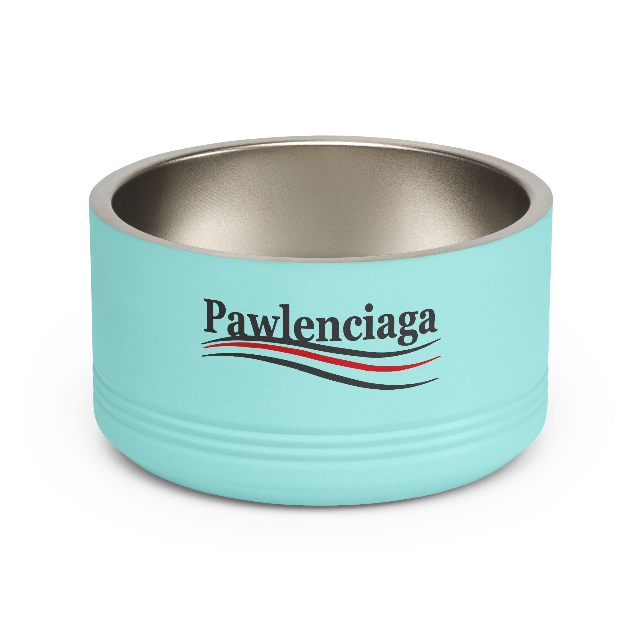 Pawlenciaga Logo Designer Stainless Steel Cat Bowl in teal, front view