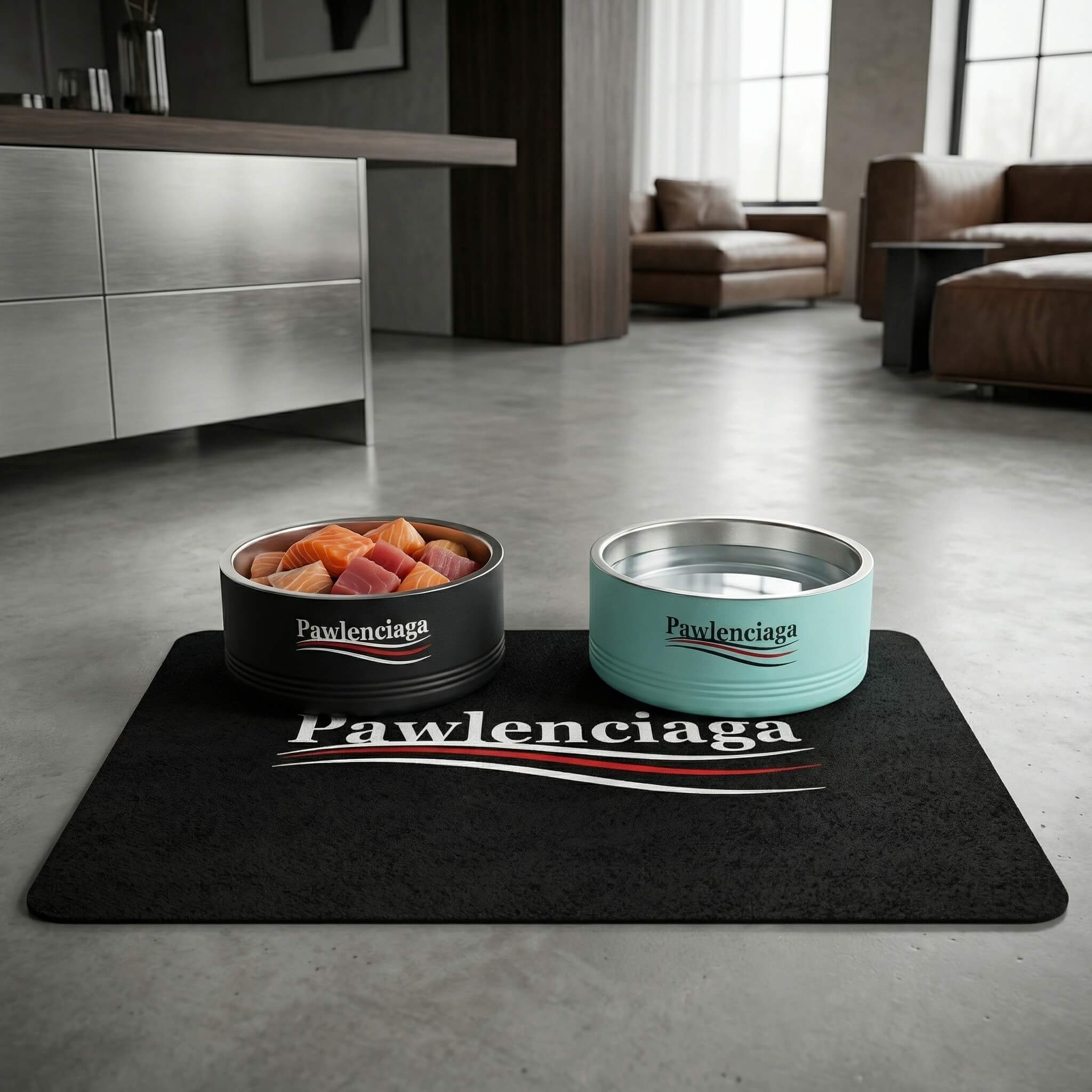Pawlenciaga Logo Designer Stainless Steel Cat Bowl in black and teal, on a matching feeding mat