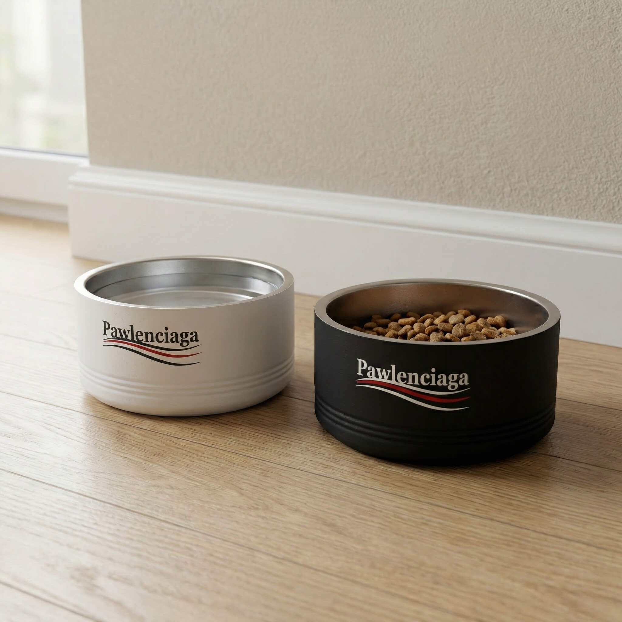 Pawlenciaga Logo Designer Stainless Steel Cat Bowl in white and black, in a home setting