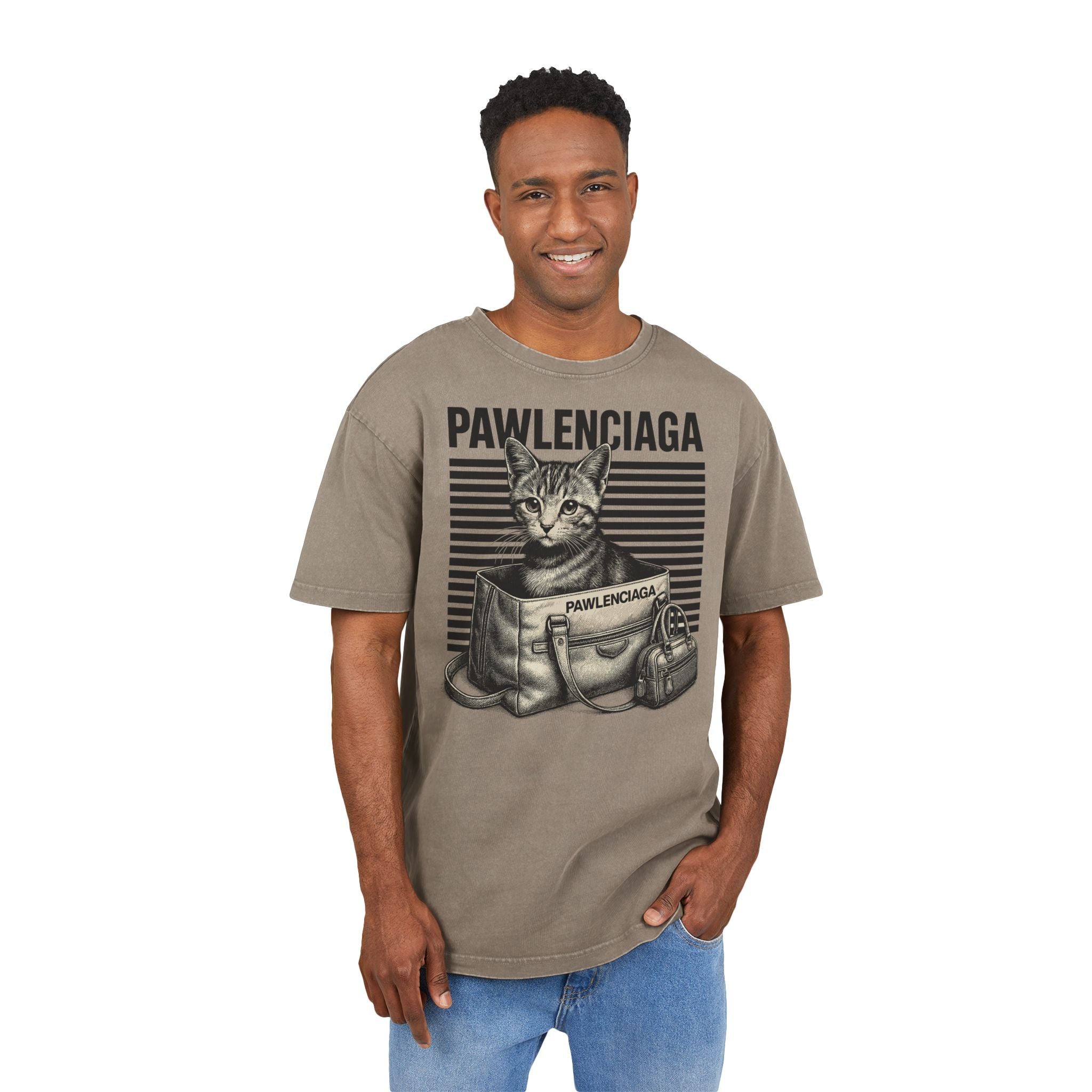 Pawlenciaga Duffle Bag Cat Graphic Acid Washed Oversized T-Shirt in dark khaki, worn by a male model