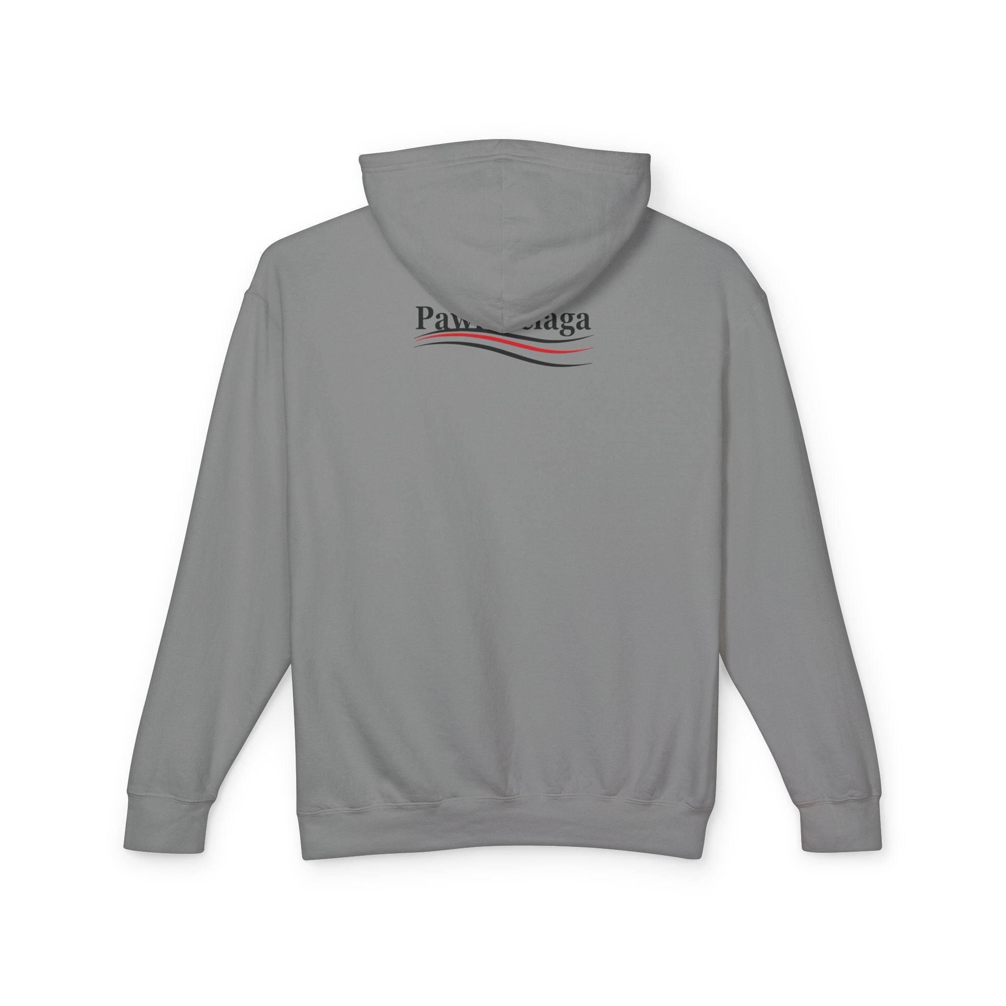 Pawlenciaga Duffle Bag Cat Graphic Hoodie in grey, back view