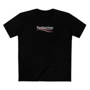 Front flat lay, Pawlenciaga parody cat graphic t shirt in black with white and red logo, perfect gift for cat lovers