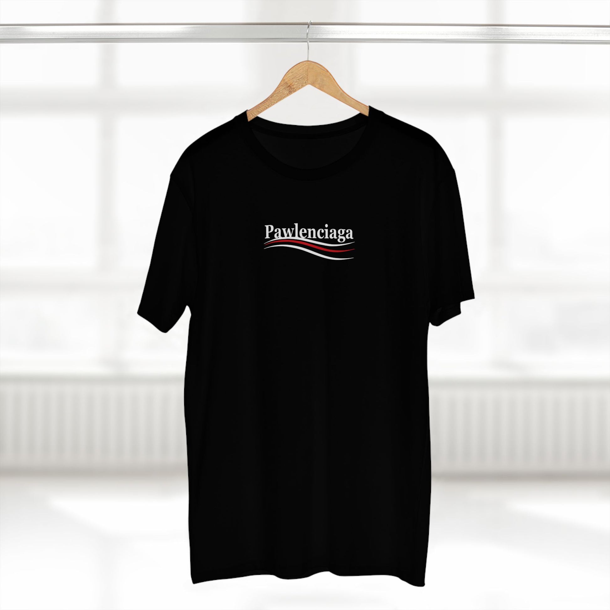 Hanging display Pawlenciaga parody cat graphic t shirt on hanger, black with bold front logo