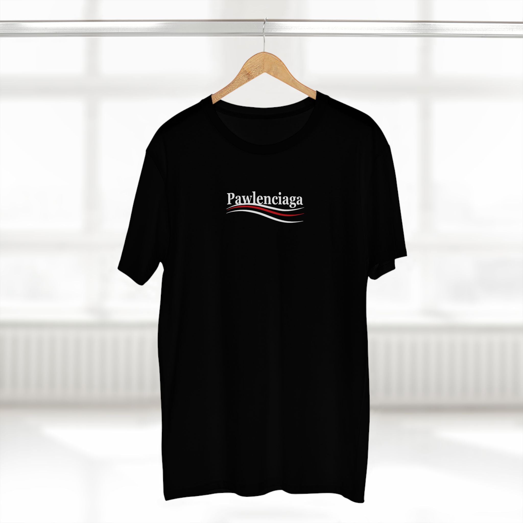 Hanging display Pawlenciaga parody cat graphic t shirt on hanger, black with bold front logo