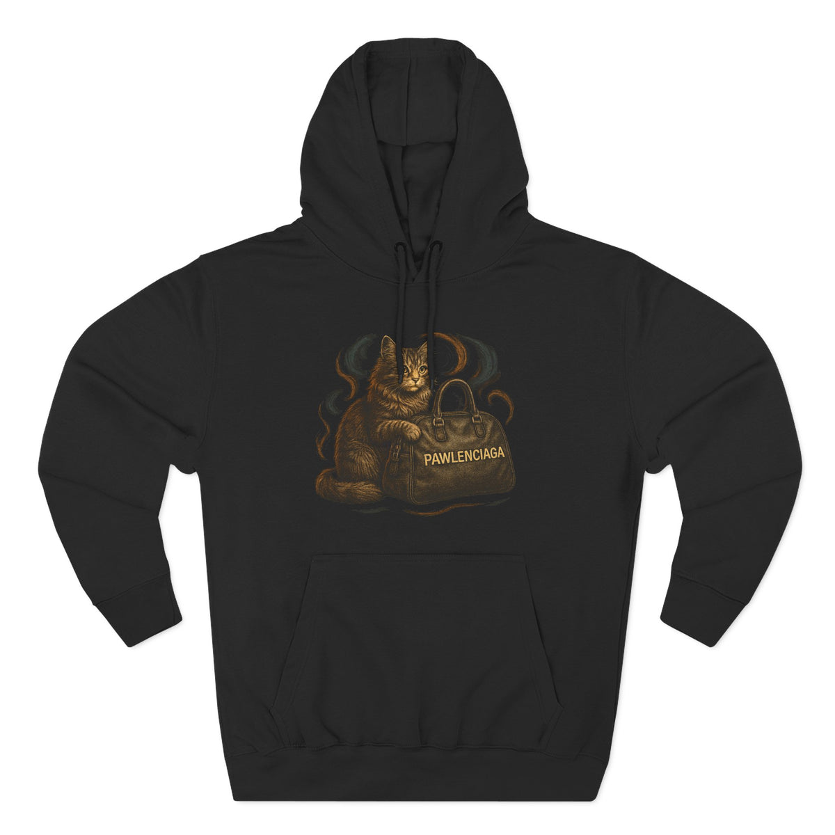 Pawlenciaga Luxe Shopper Cat Graphic Black Hoodie, flat lay