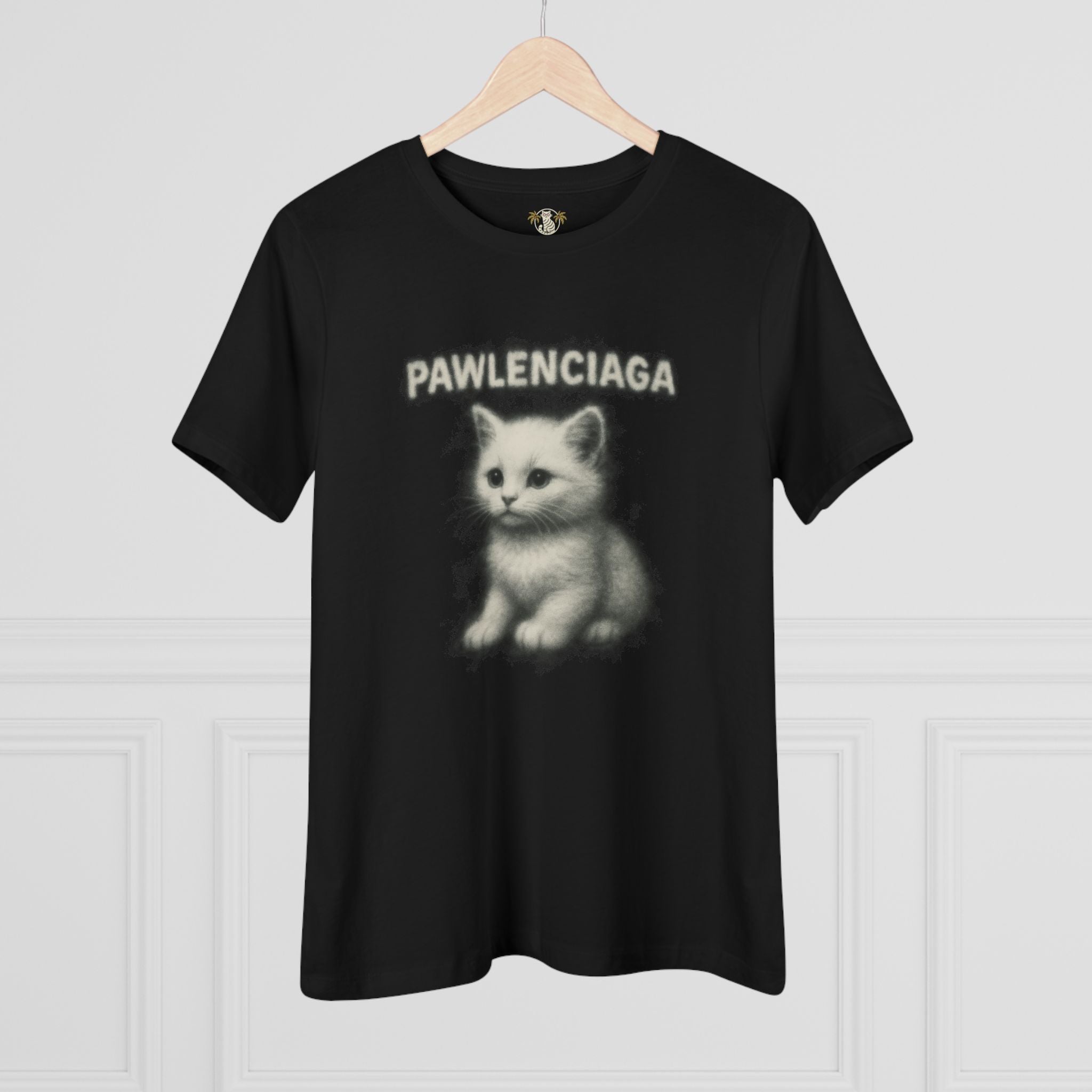 Pawlenciaga White Aura Kitty Graphic Women's Black T-Shirt, on a hanger