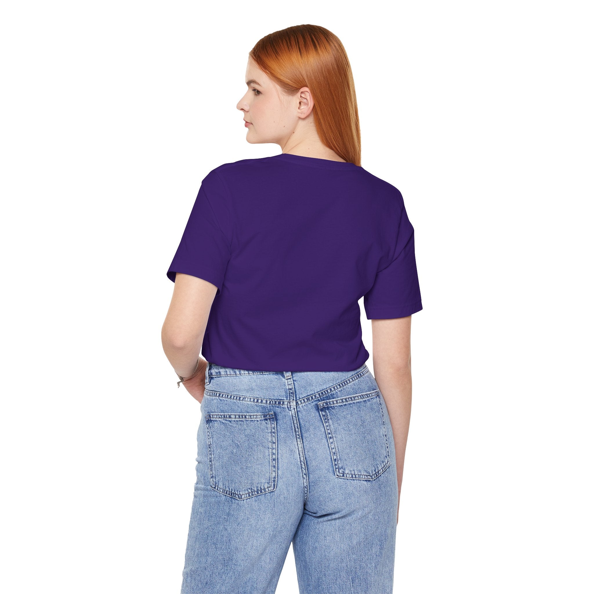 Purrada Catalogue Piece Cat Graphic T-Shirt in team purple, back view on a female model