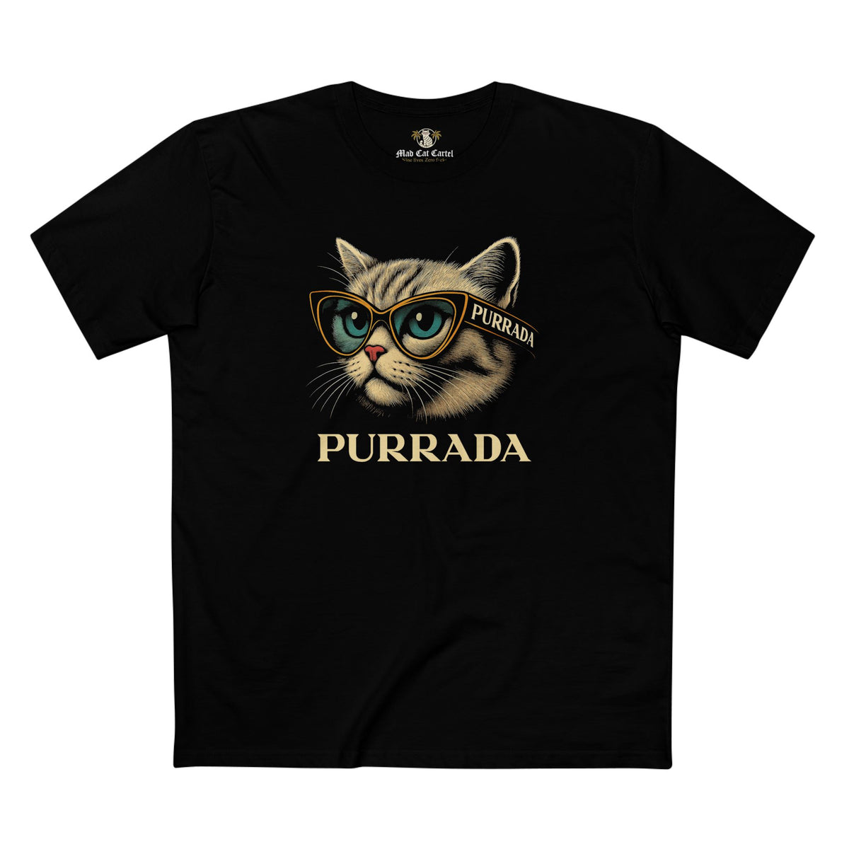 Purrada Catwalk Shades Graphic T-Shirt in black, front view