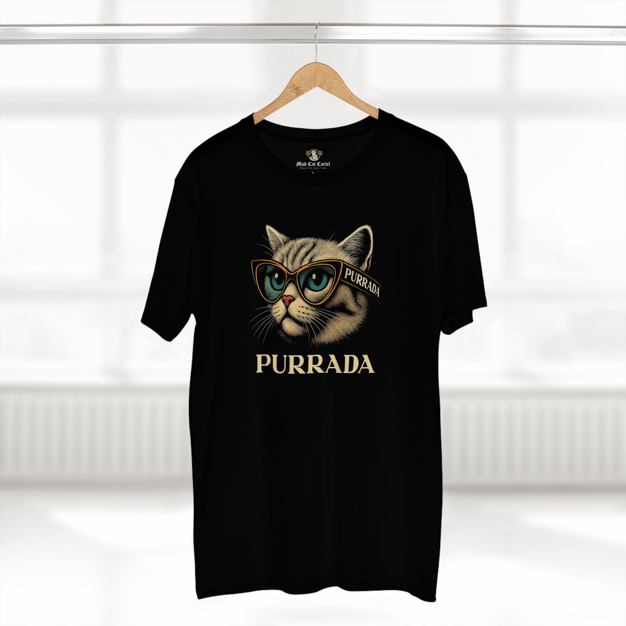 Purrada Catwalk Shades Graphic T-Shirt in black, on a hanger