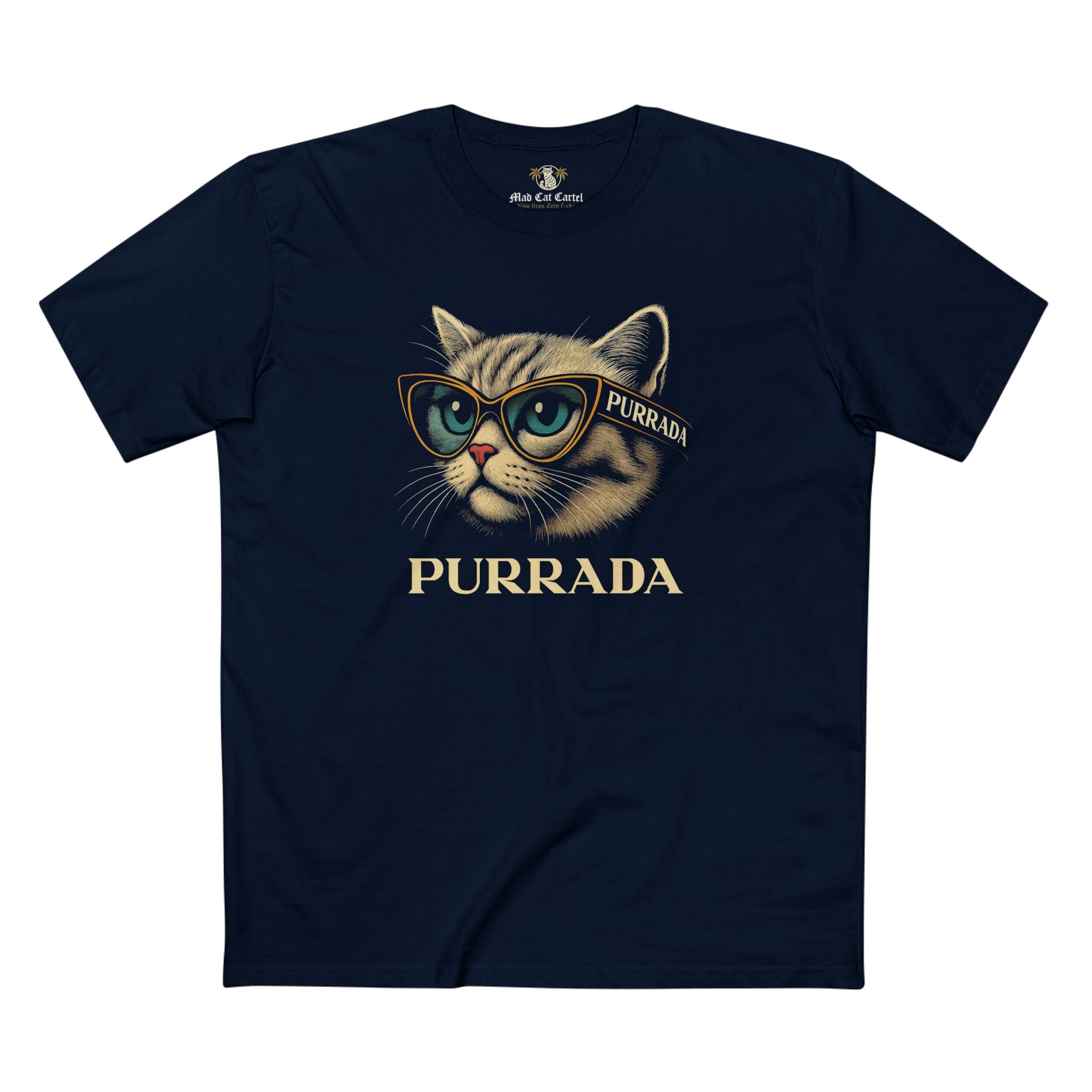 Purrada Catwalk Shades Graphic T-Shirt in navy, front view