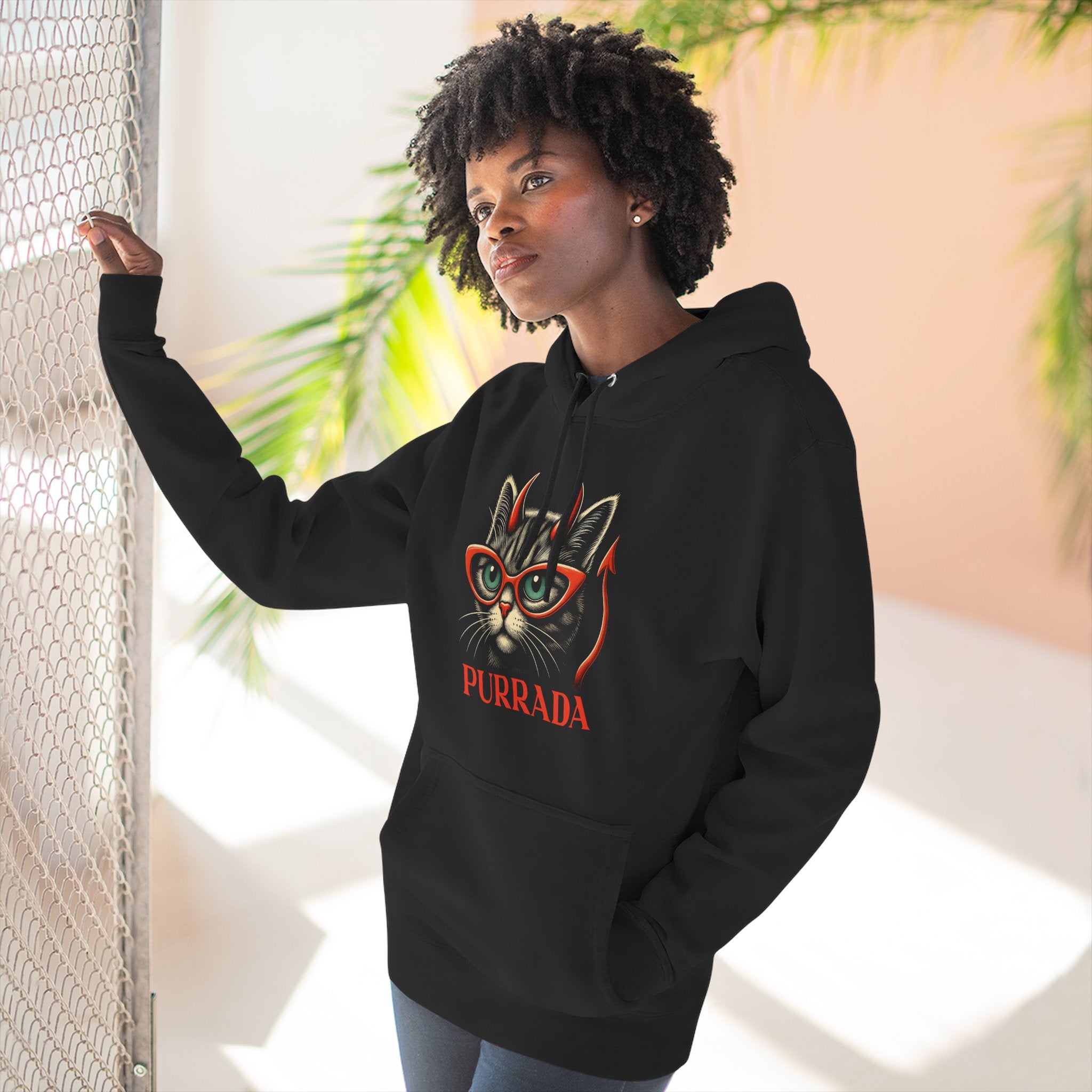 Purrada Devil Cat Graphic Black Hoodie, worn by a female model