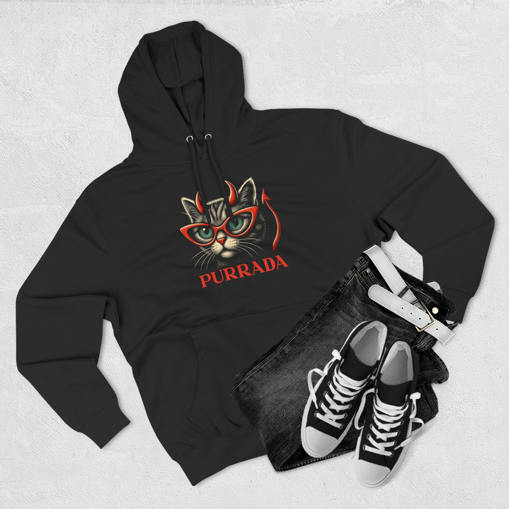 Purrada Devil Cat Graphic Black Hoodie, flat lay
