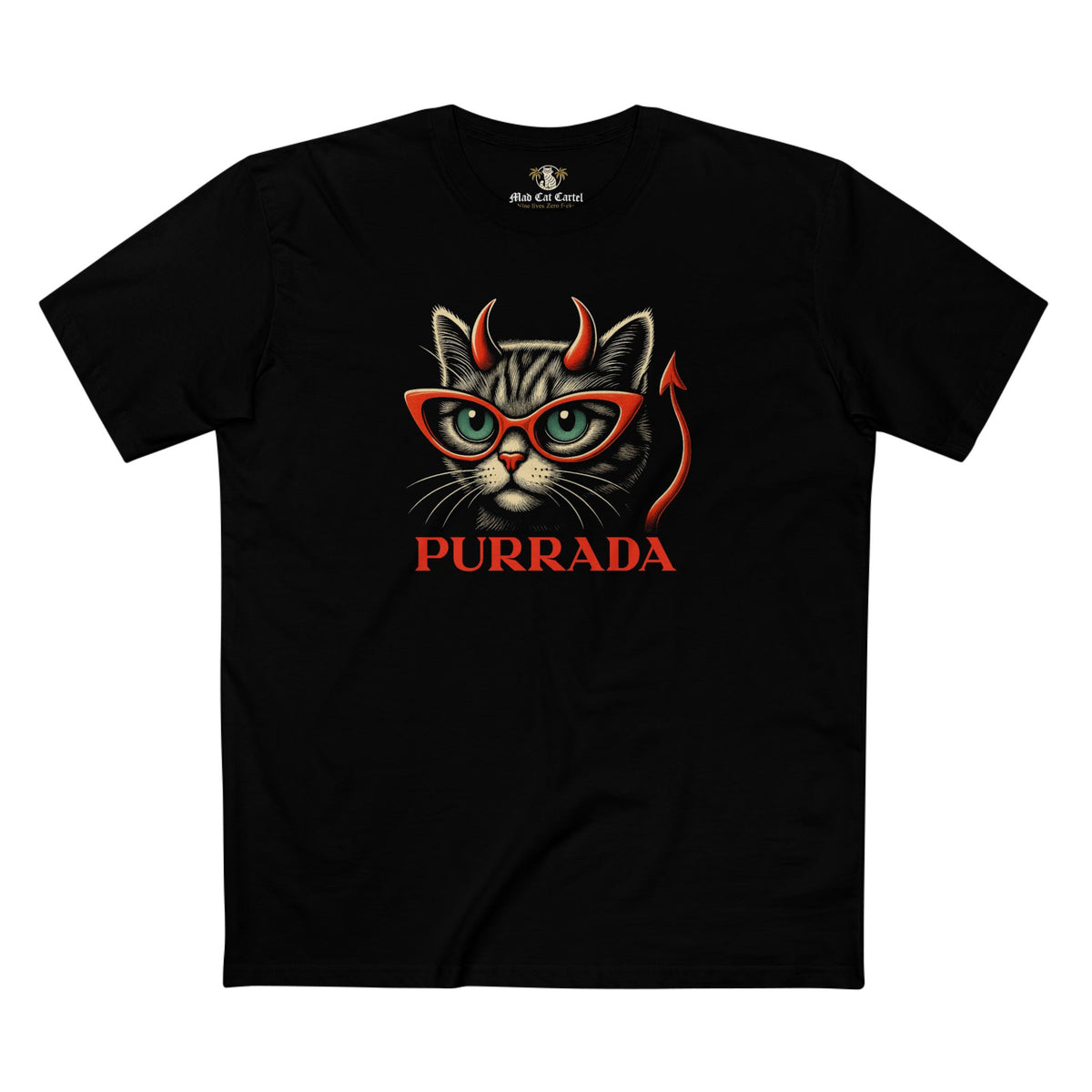 Purrada Devil Cat Graphic Black T-Shirt, front view