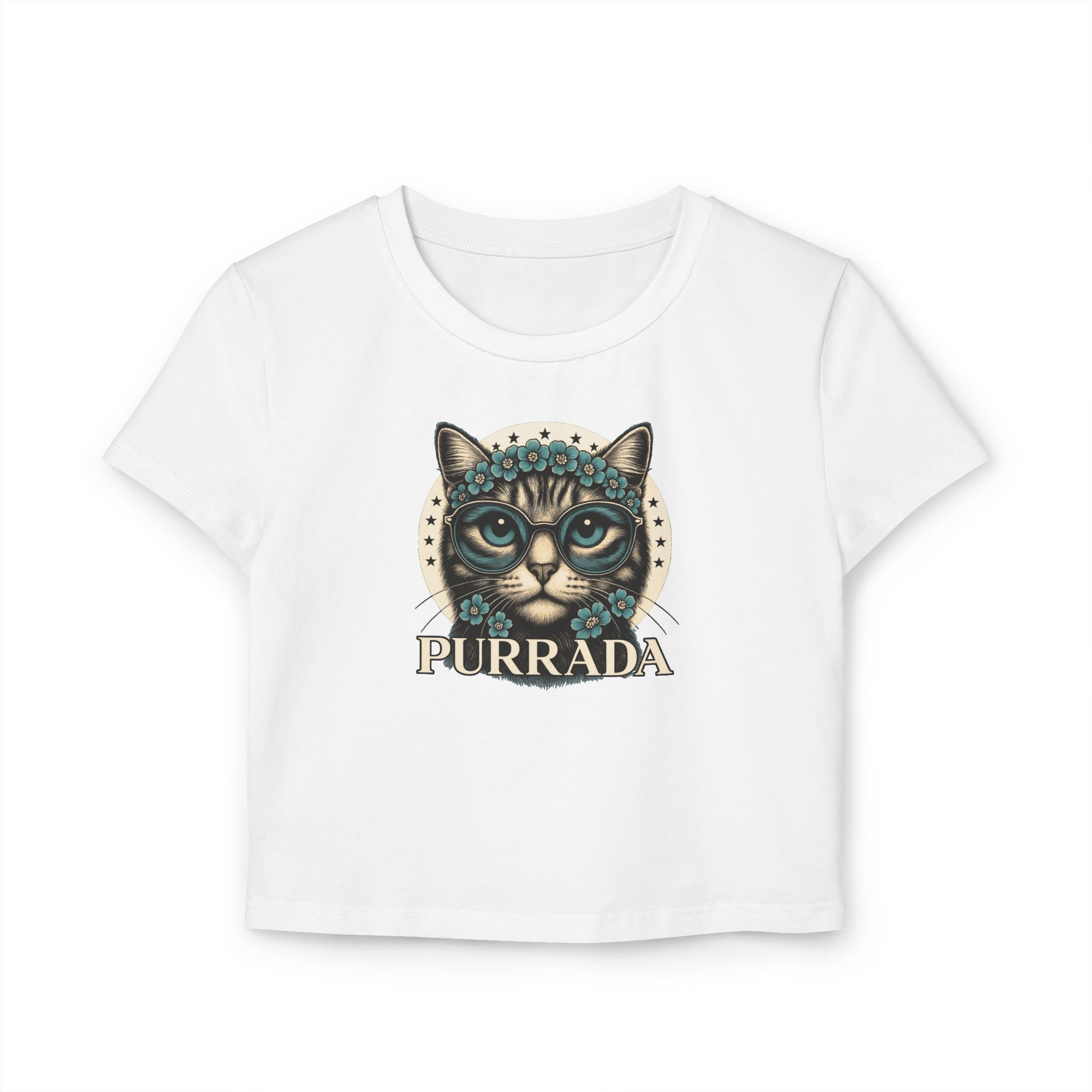 Purrada Flower-Crowned Cat Graphic Women's Baby T-Shirt in white, front view
