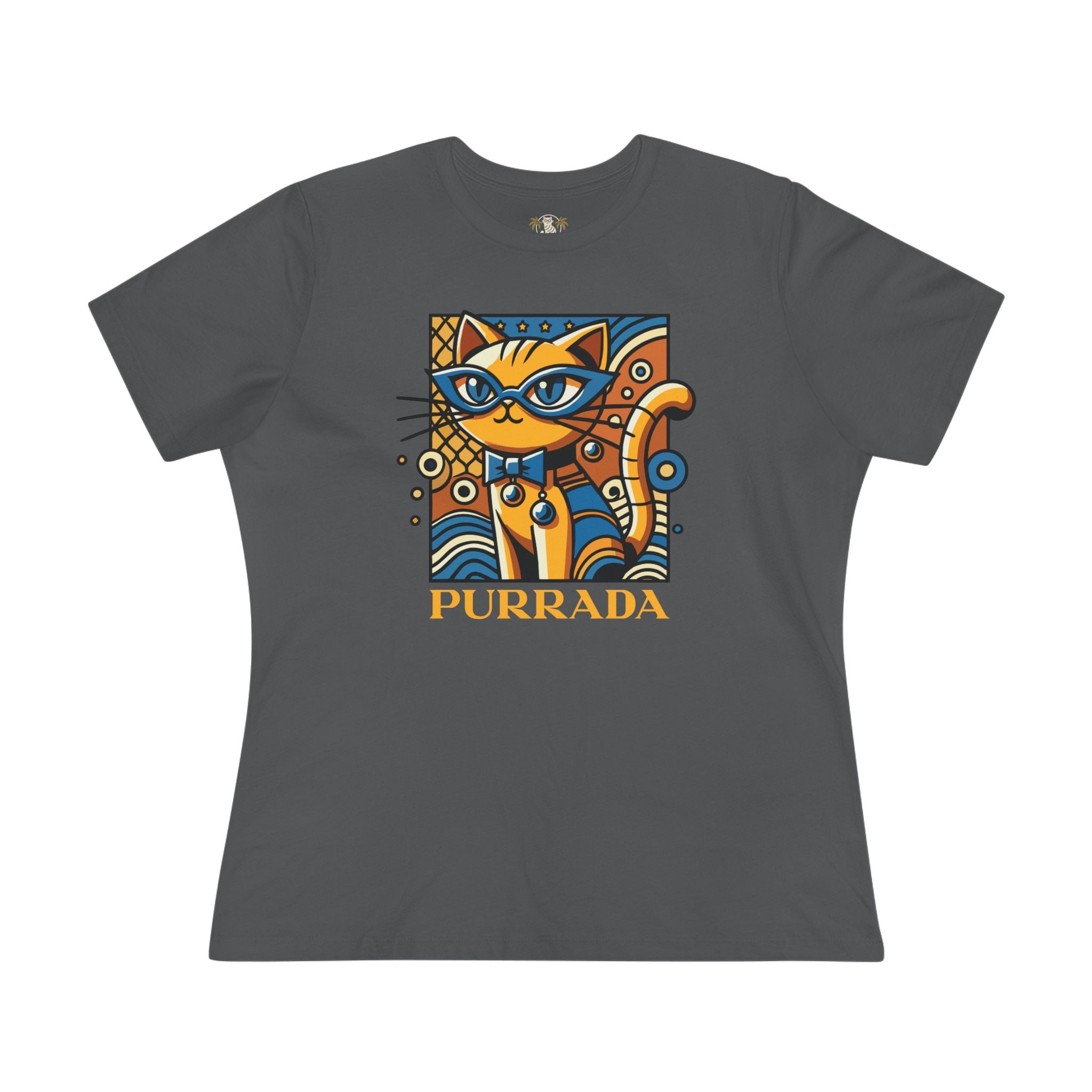 Purrada Gold Standard Cat Graphic Women's T-Shirt in asphalt, front view