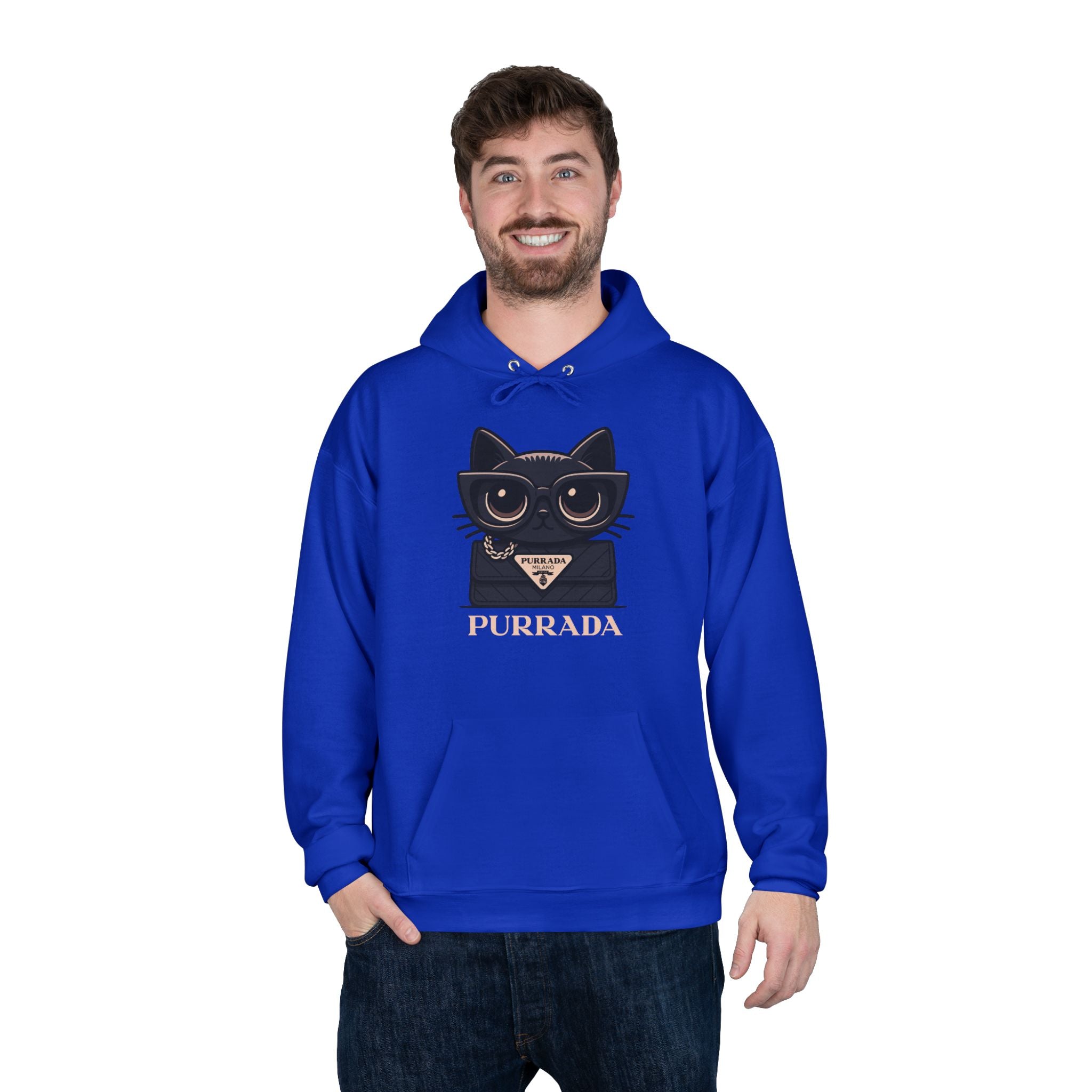 Purrada Noir Bag Cat Graphic Hoodie in athletic royal, worn by a male model