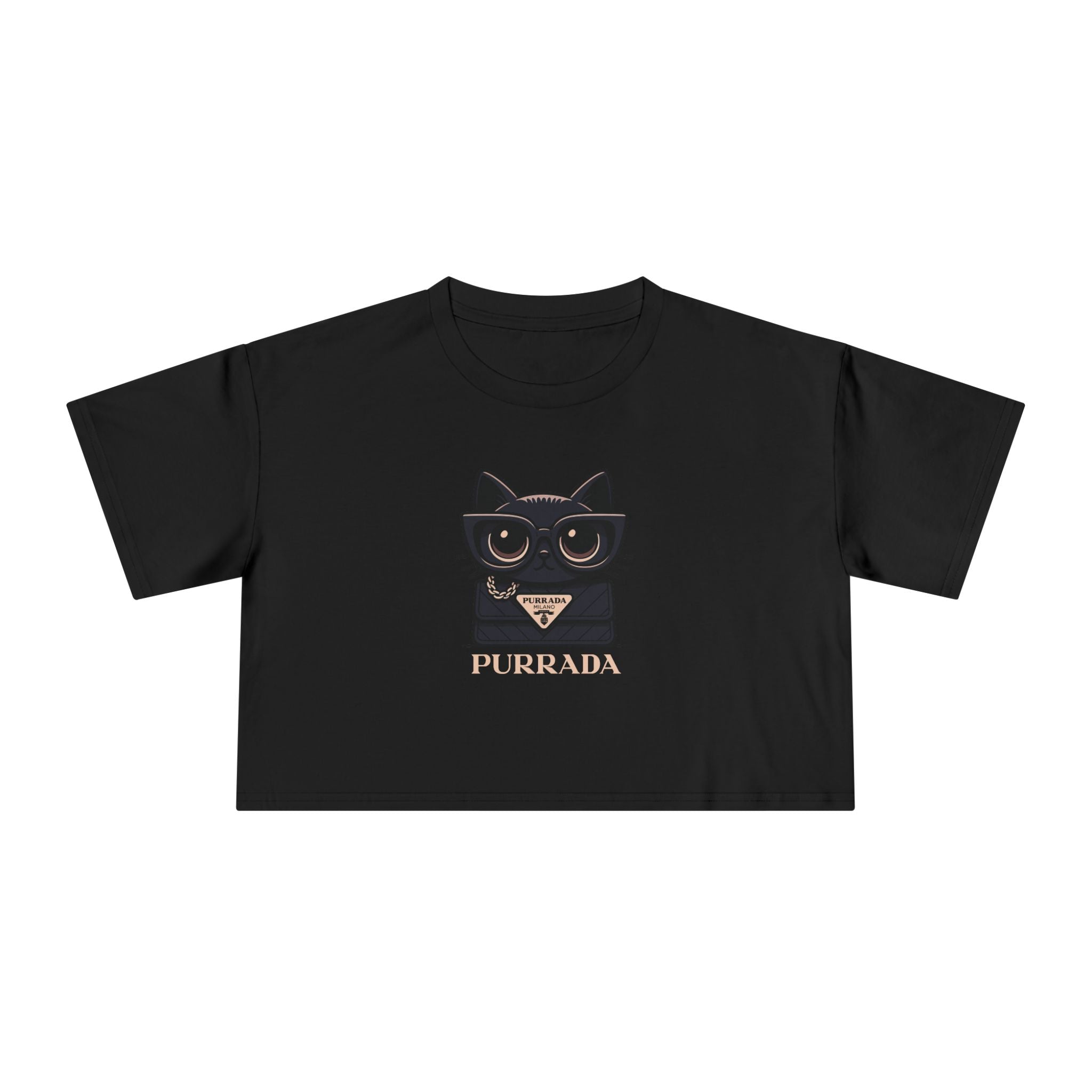 Purrada Noir Bag Cat Graphic Women's Crop Tee in black, front view
