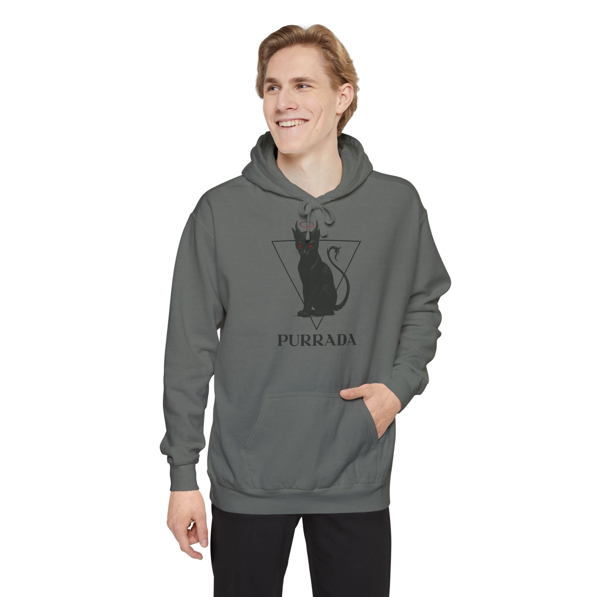 Purrada This Ain't Churchwear Cat Graphic Hoodie in grey, worn by a male model