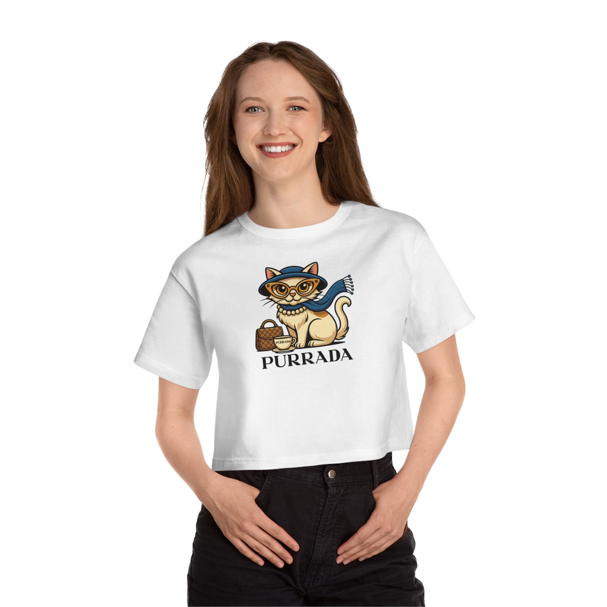 Purrada Feline Elegance Women's Cropped Top in white, worn by a model