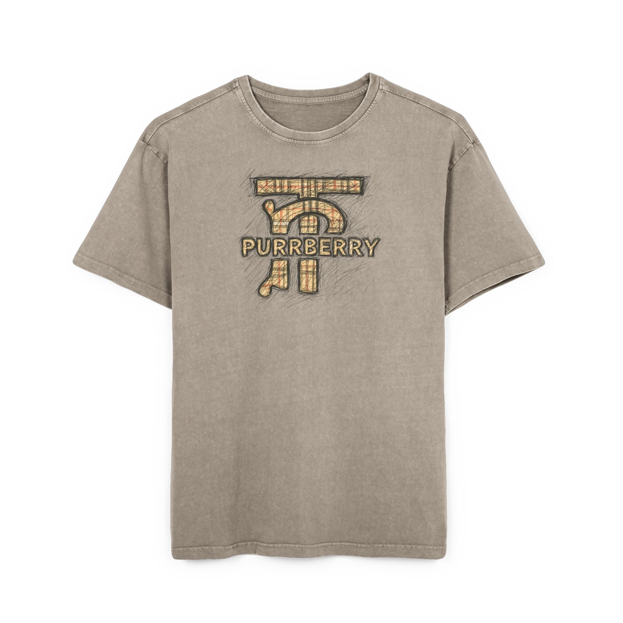Purrberry Chest Sketch Logo Back Cat Graphic Acid Wash Oversized T-Shirt in dark khaki, back view