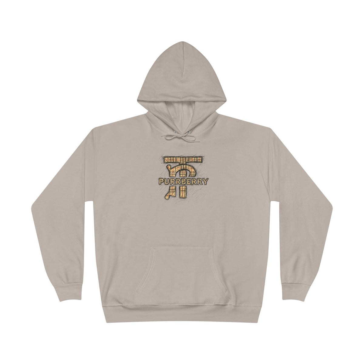 Purrberry Chest Sketch Logo Back Cat Graphic Hoodie in sand, front view