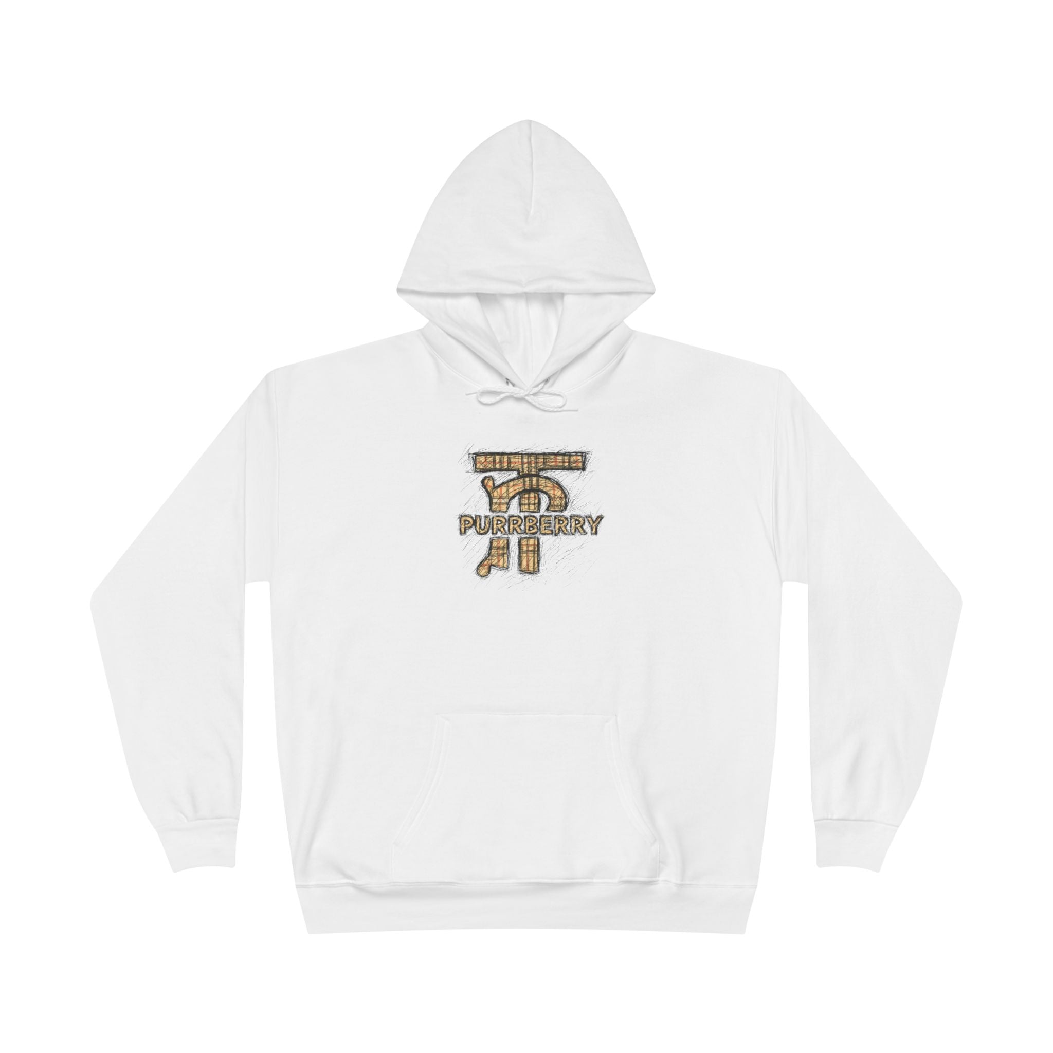 Purrberry Chest Sketch Logo Back Cat Graphic Hoodie in white, front view