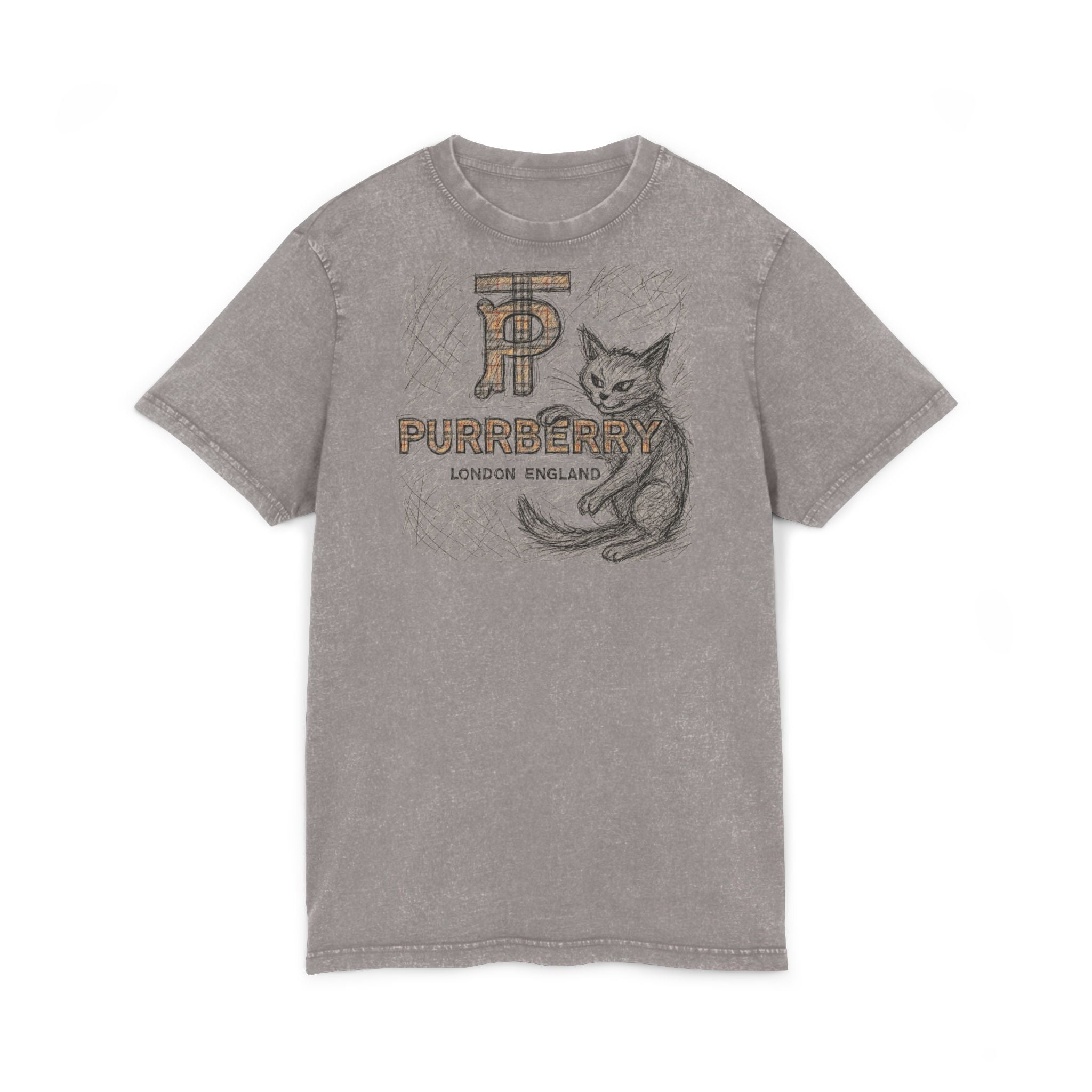 Purrberry Heritage Sketch Logo Acid Washed Cat Graphic T-Shirt in asphalt, front view