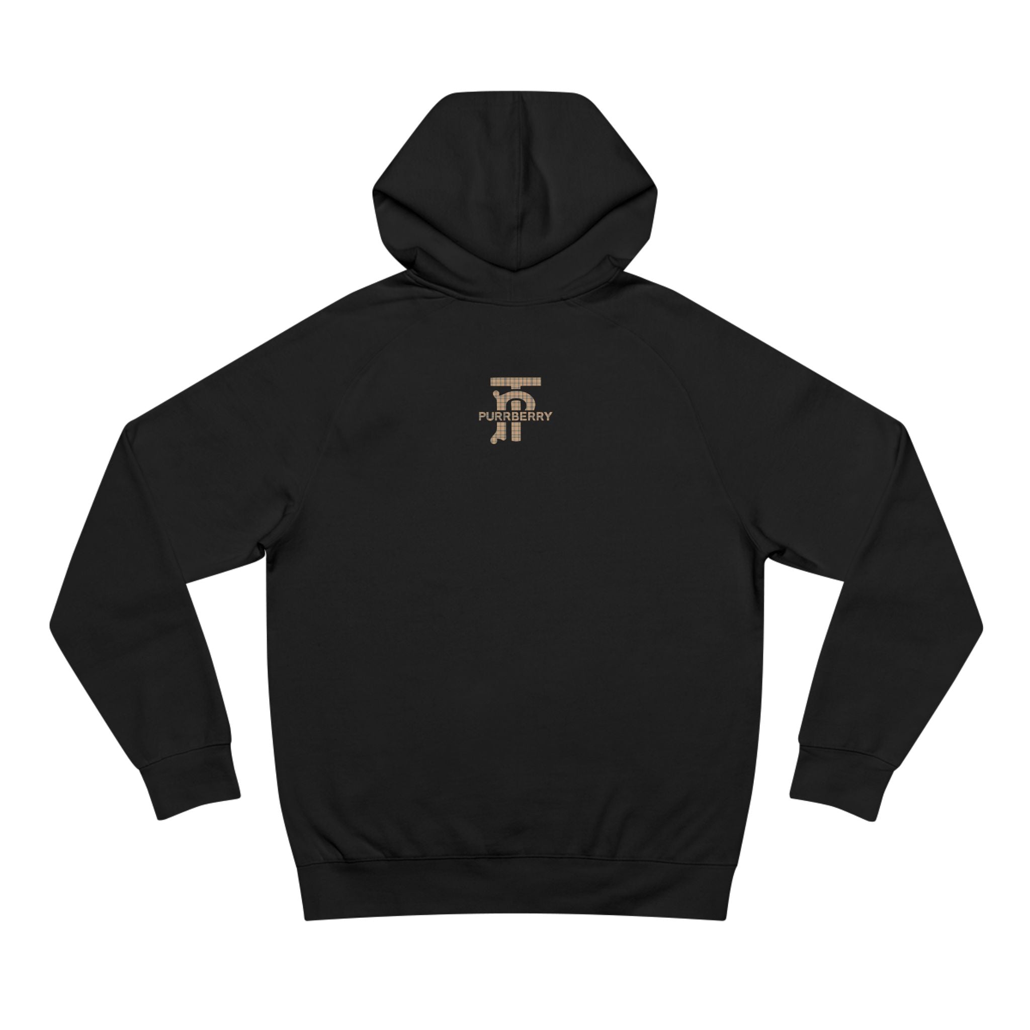 Purrberry London Coat Club Cat Graphic Hoodie in black, front view