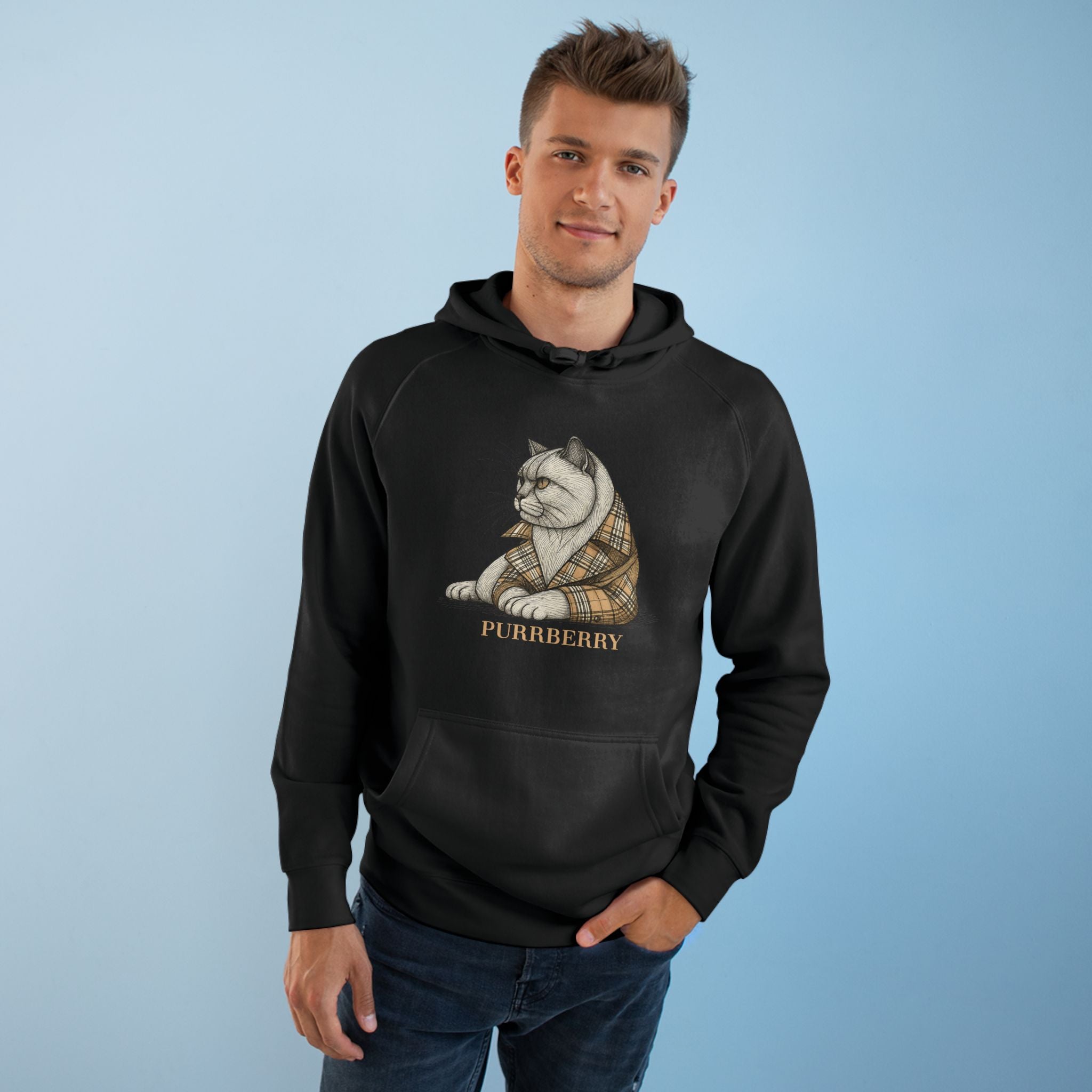 Purrberry London Coat Club Cat Graphic Hoodie in black, worn by a male model