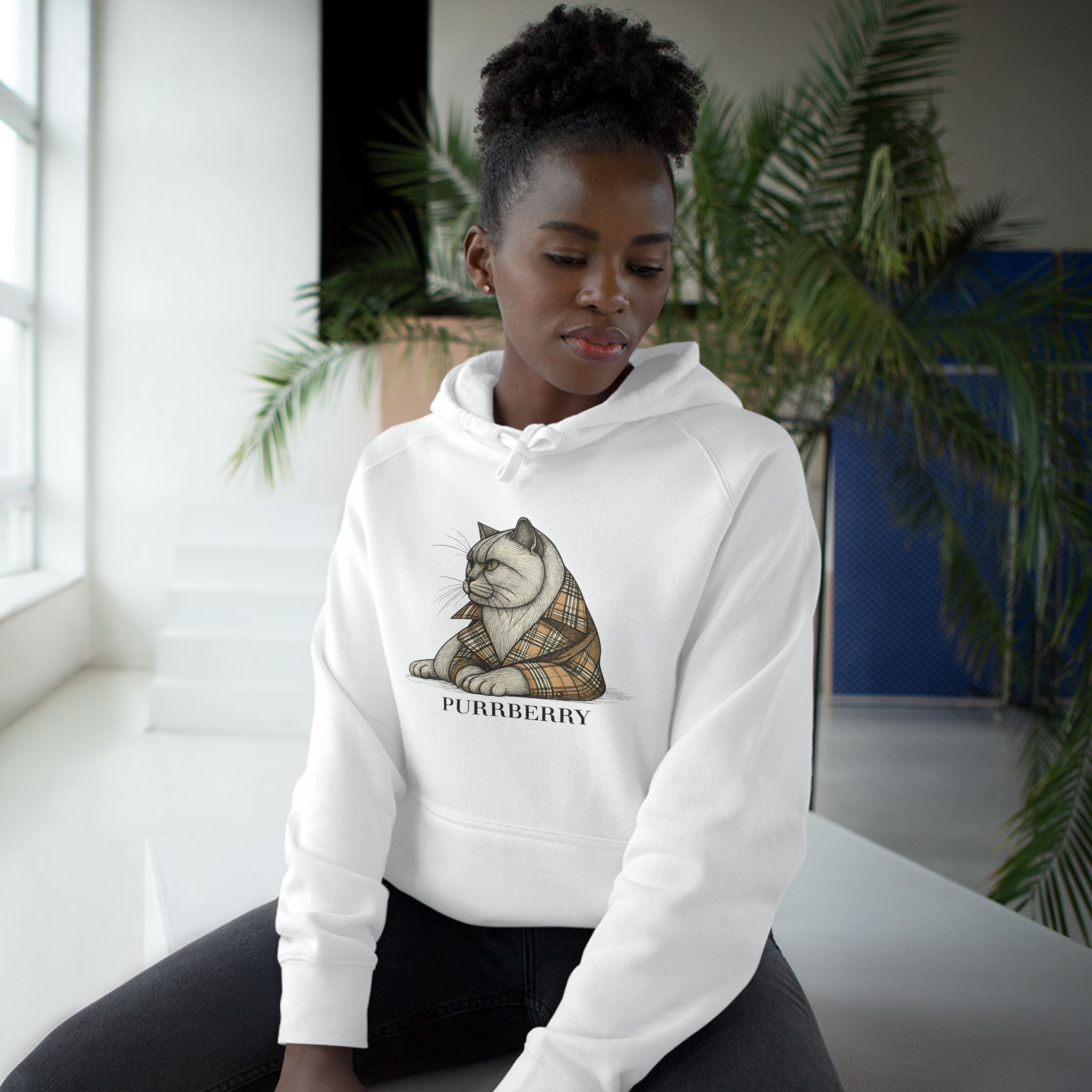 Purrberry London Coat Club Cat Graphic Hoodie in white, worn by a female model