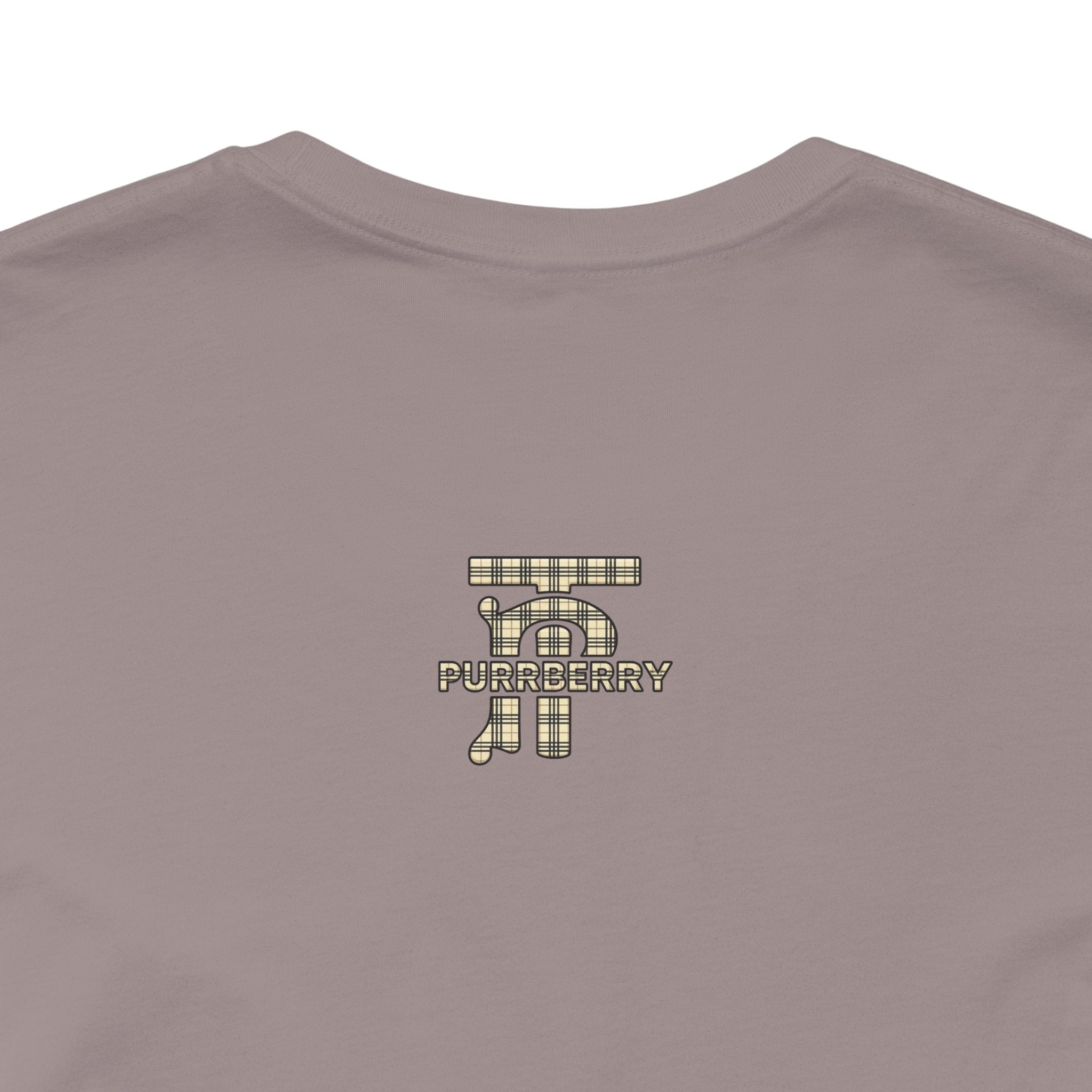 Purrberry London Mini Crest Cat Graphic T-Shirt in pebble brown, close-up of the back print
