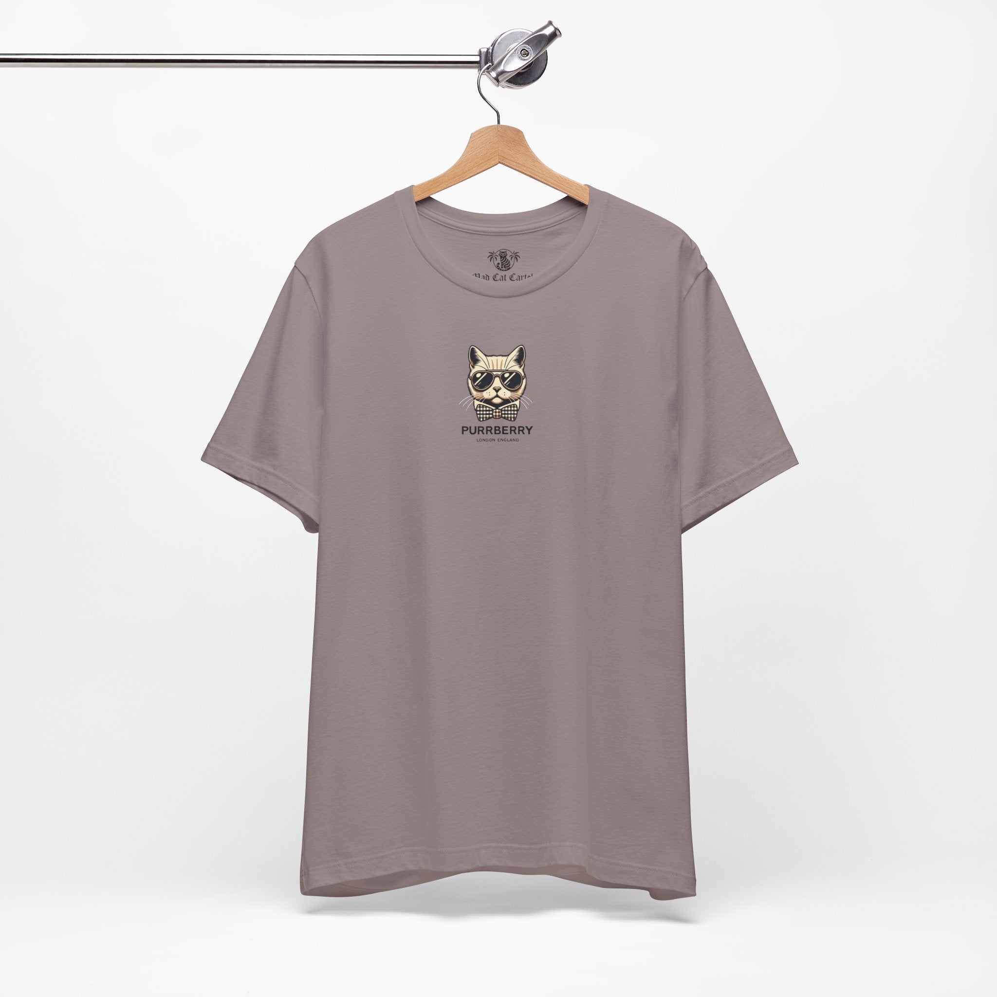 Purrberry London Mini Crest Cat Graphic T-Shirt in pebble brown, on a hanger