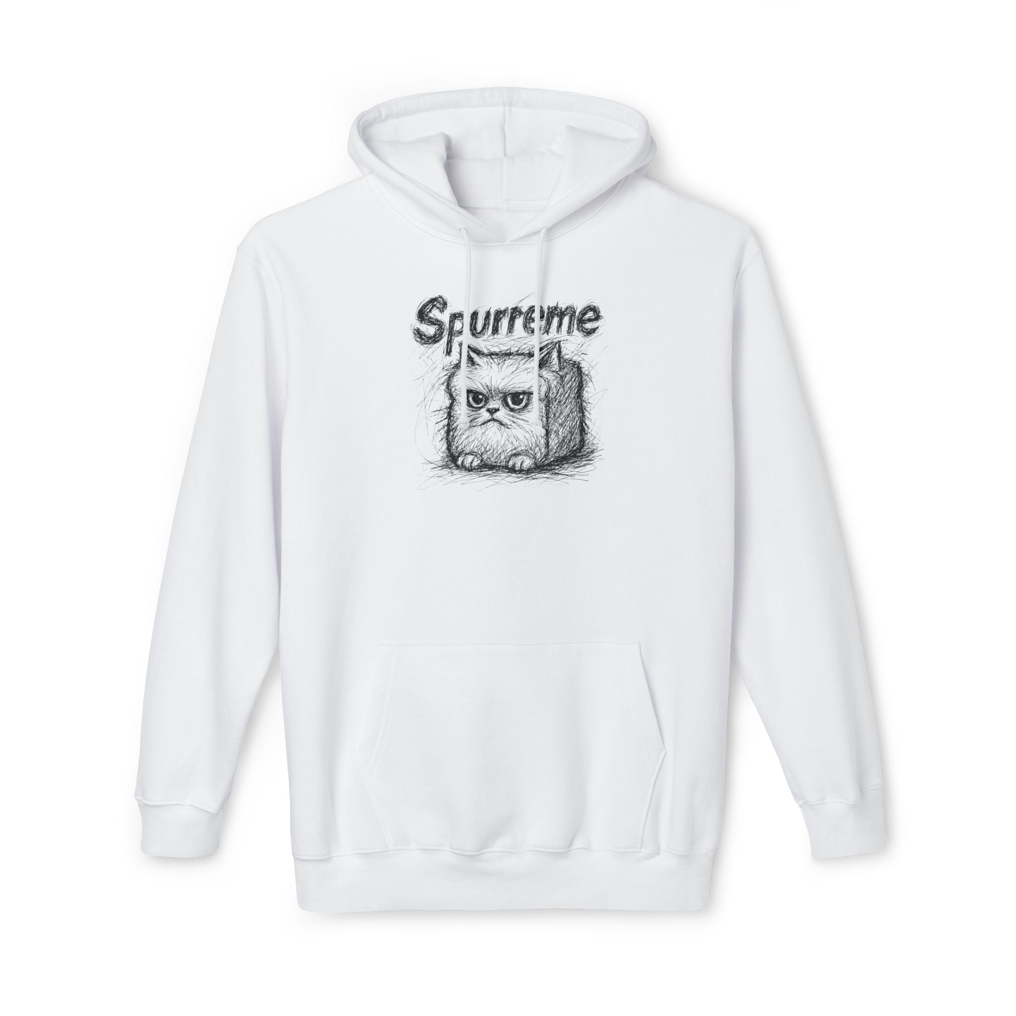 Spurreme Angry Fluffy Loaf Kitty Sketch Graphic Hoodie in white, front view
