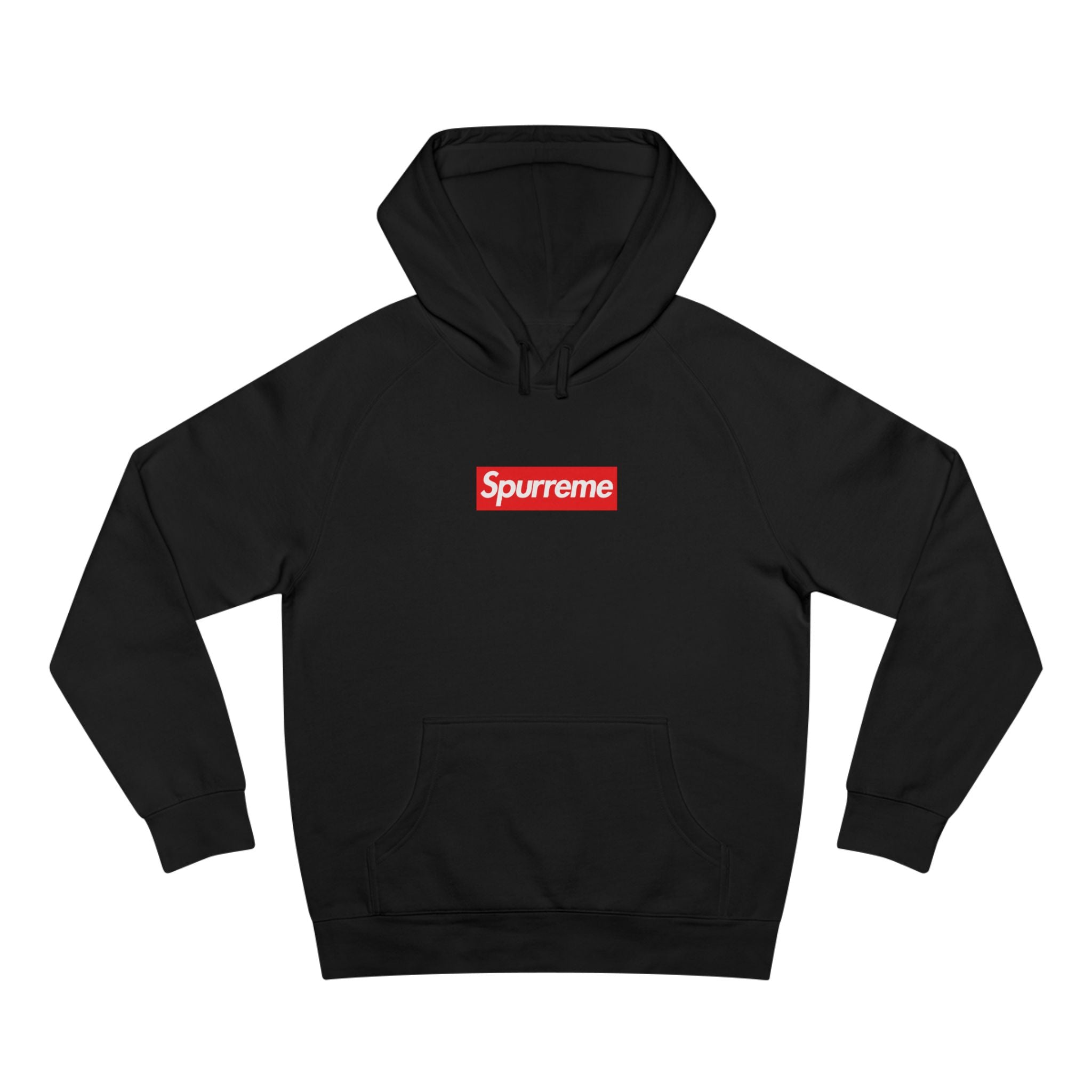 Spurreme Box Logo Parody Hoodie in black, front view