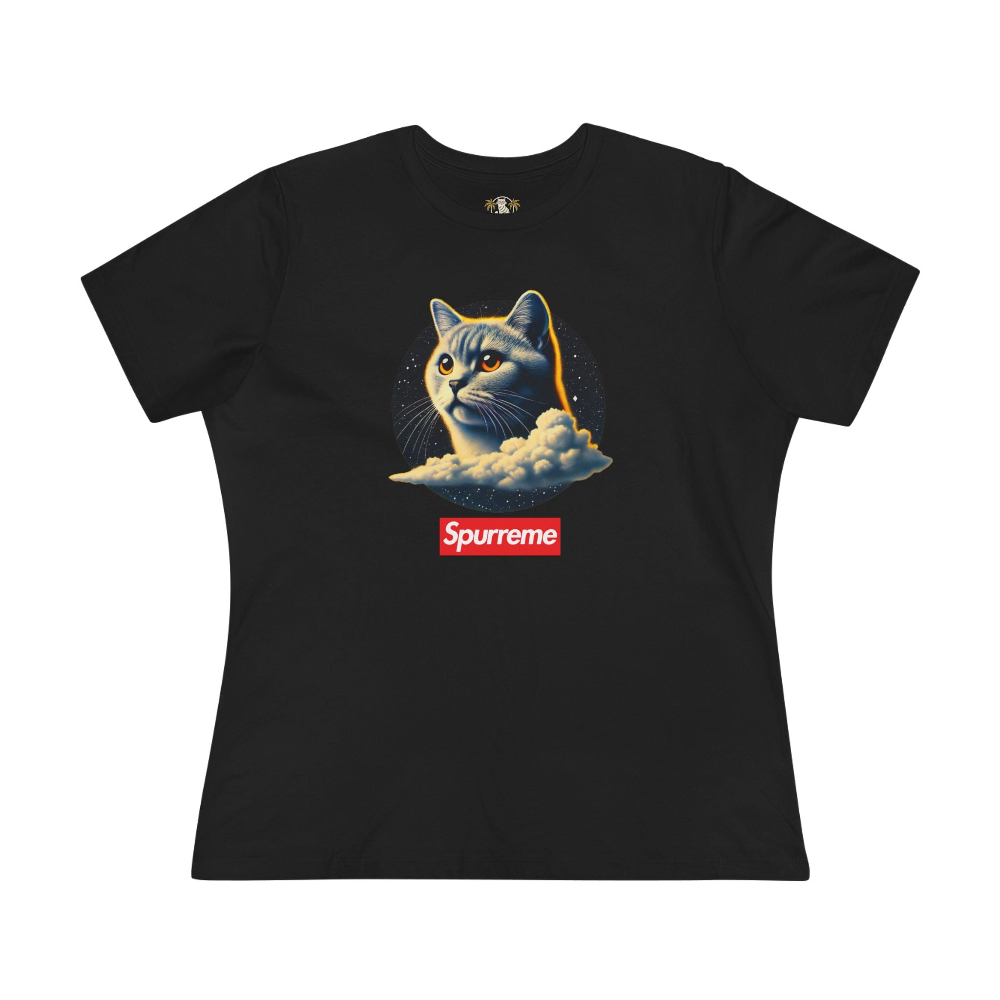 Spurreme Cosmic Cloud Cat Graphic Women's T-Shirt in black, front view