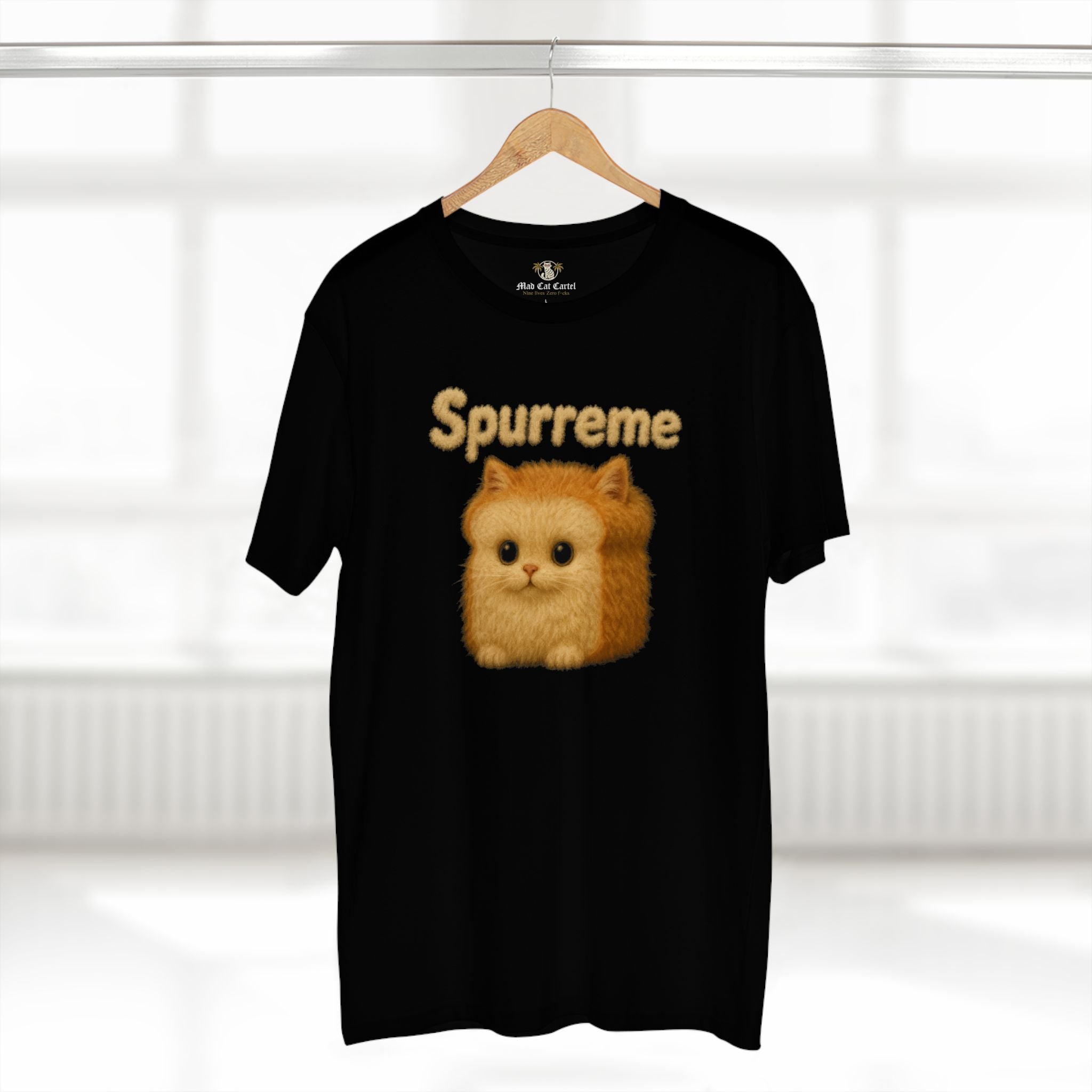 Spurreme Fluffy Loaf Kitty Graphic T-Shirt in black, on a hanger