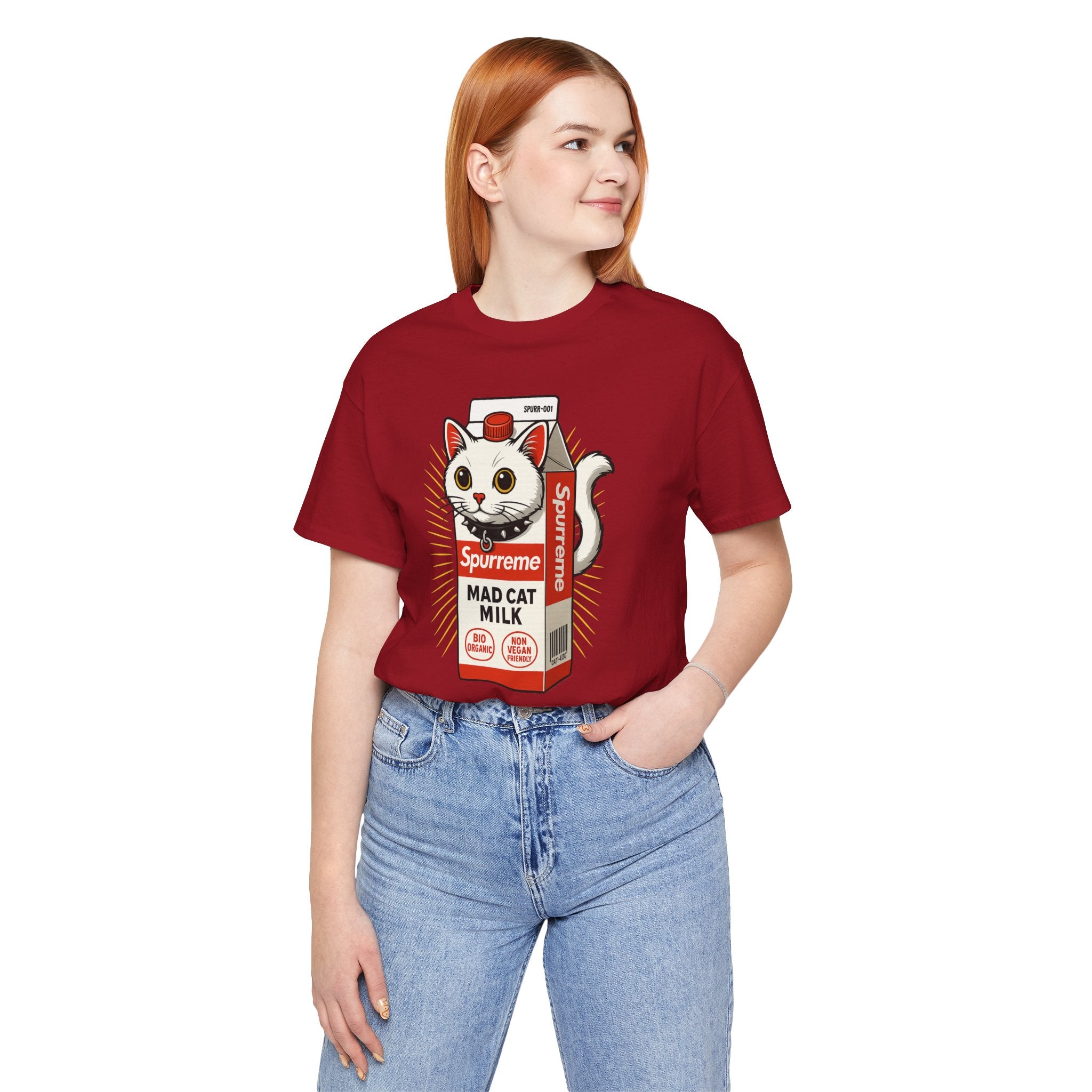 Spurreme Mad Cat Organic Milk Funny T-Shirt in canvas red, worn by a female model