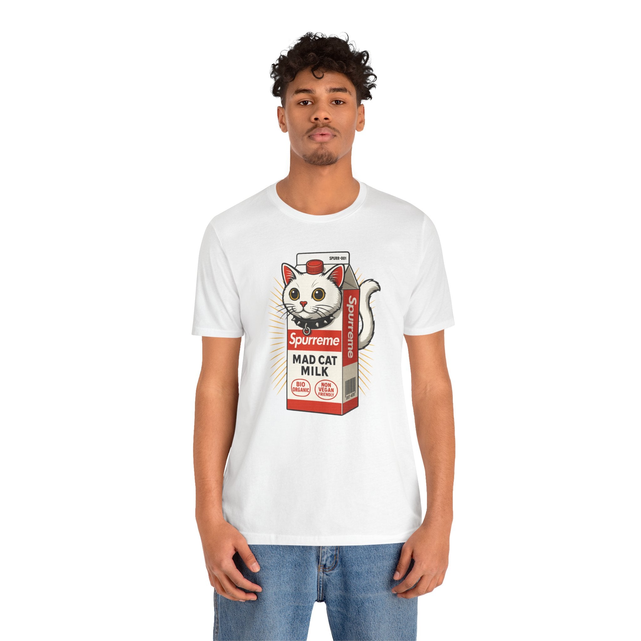 Spurreme Mad Cat Organic Milk Funny T-Shirt in white, worn by a male model