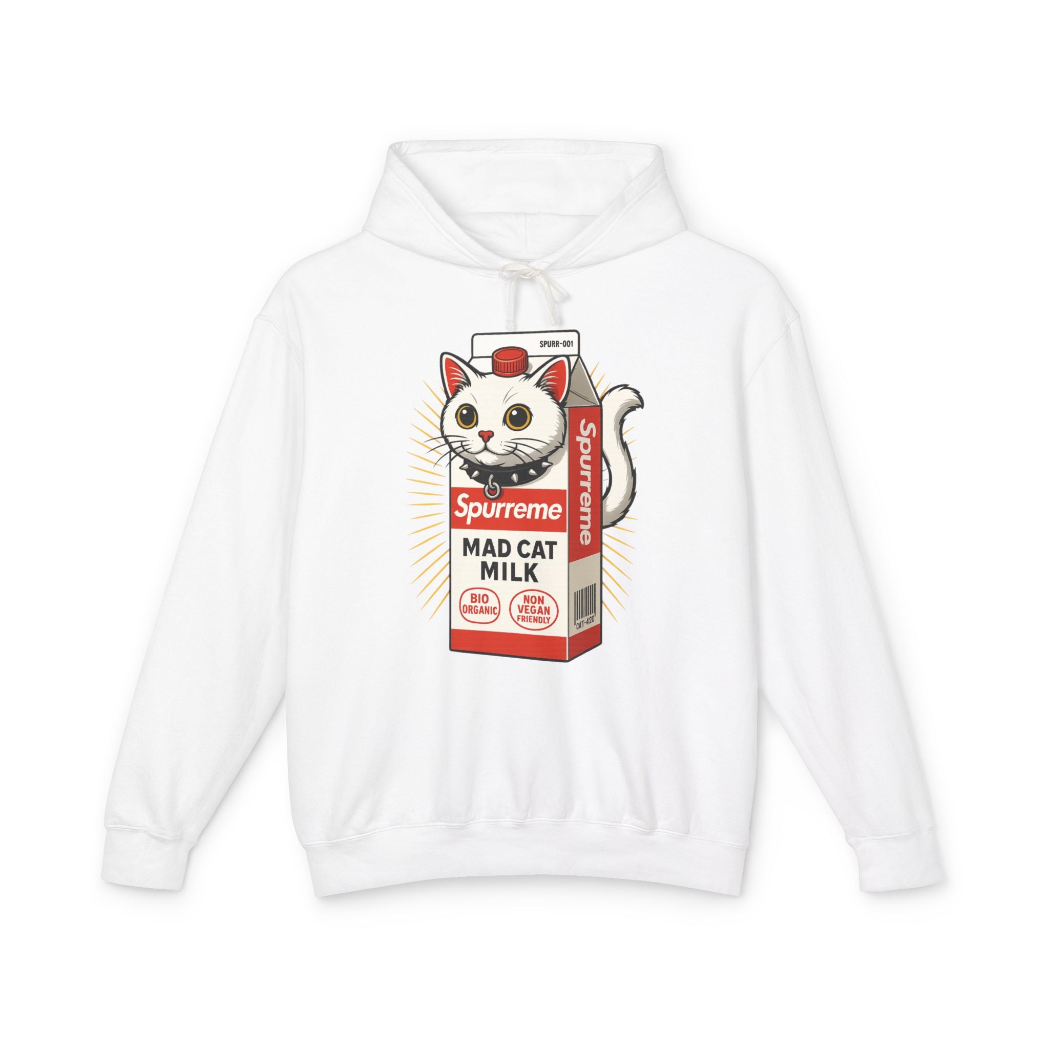 Spurreme Mad Cat Organic Milk Hoodie in white, front view