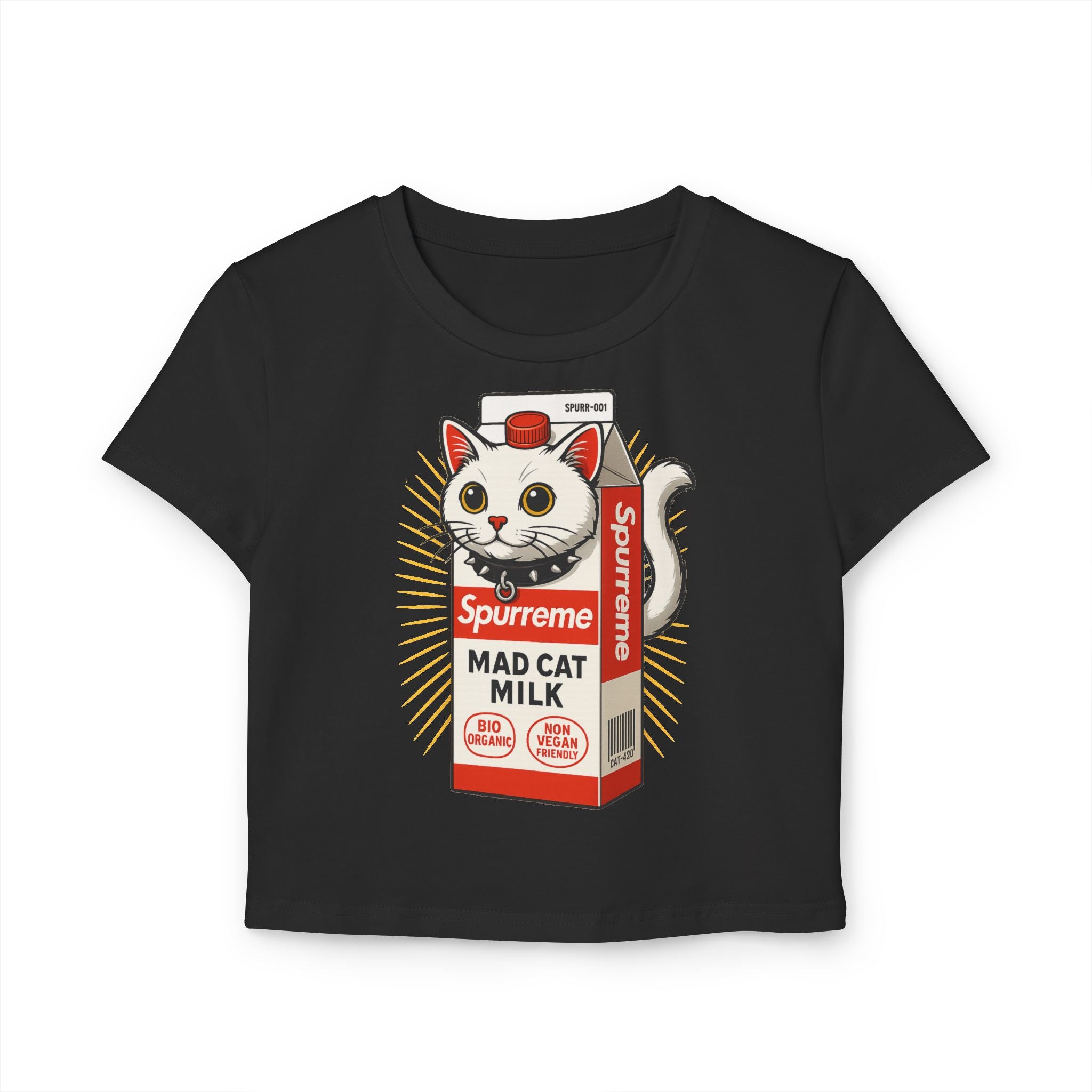 Spurreme Mad Cat Organic Milk Women's Funny Baby Tee in black, front view