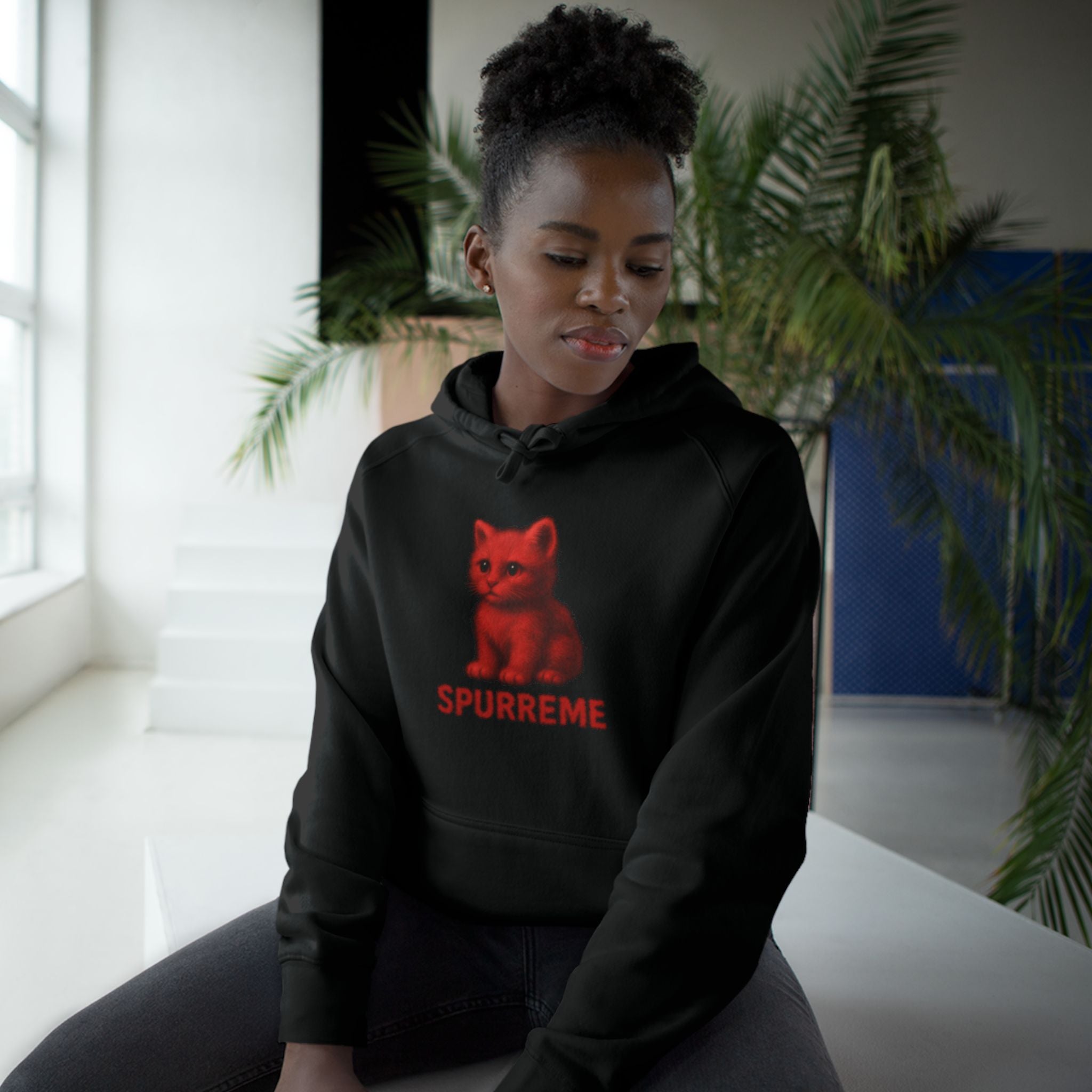 Spurreme Red Aura Cat Graphic Black Hoodie, worn by a female model
