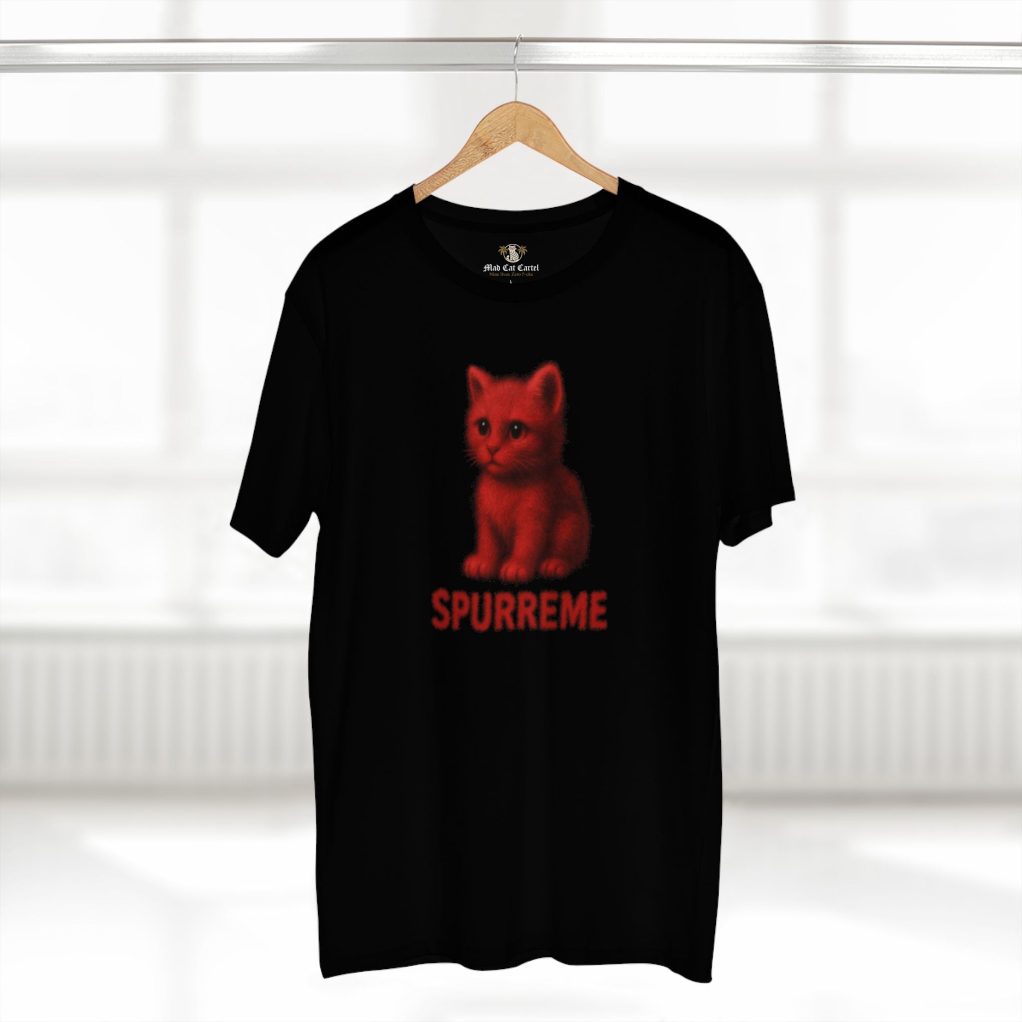 Spurreme Red Aura Cat Graphic T-Shirt in black, on a hanger