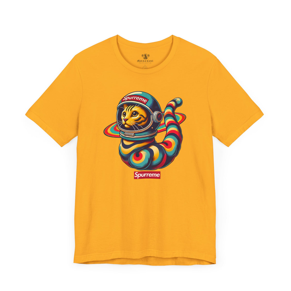 Spurreme Space Explorer Cat Graphic T-Shirt in gold, flat lay