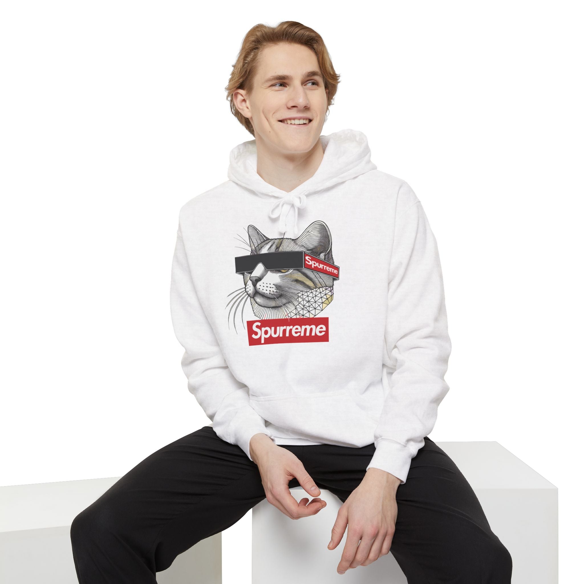 Spurreme Triangular Vision Cat Graphic Hoodie in white, worn by a male model