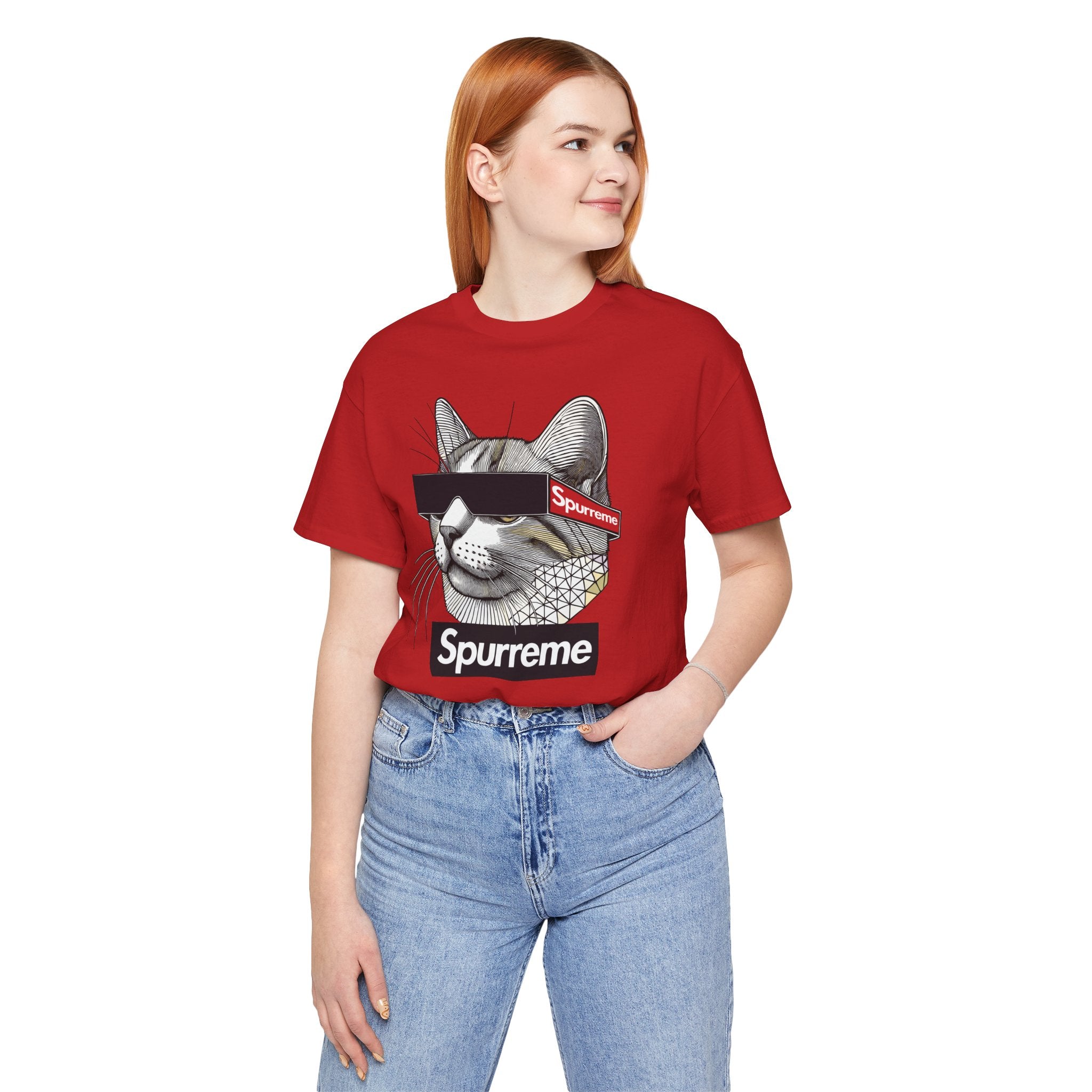 Spurreme Triangular Vision Cat Graphic T-Shirt in red, worn by a female model