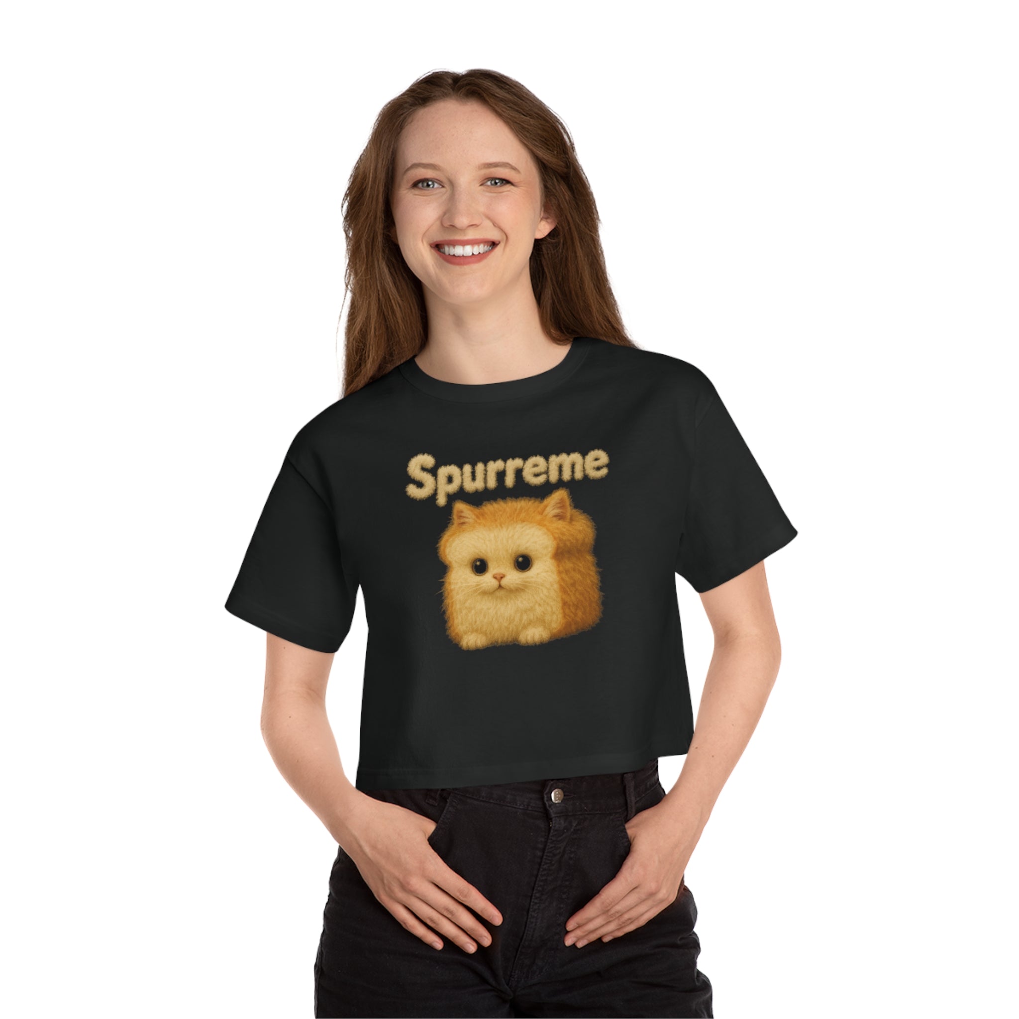 Spurreme Fluffy Loaf Kitty Graphic Cropped T-Shirt in black, worn by a female model