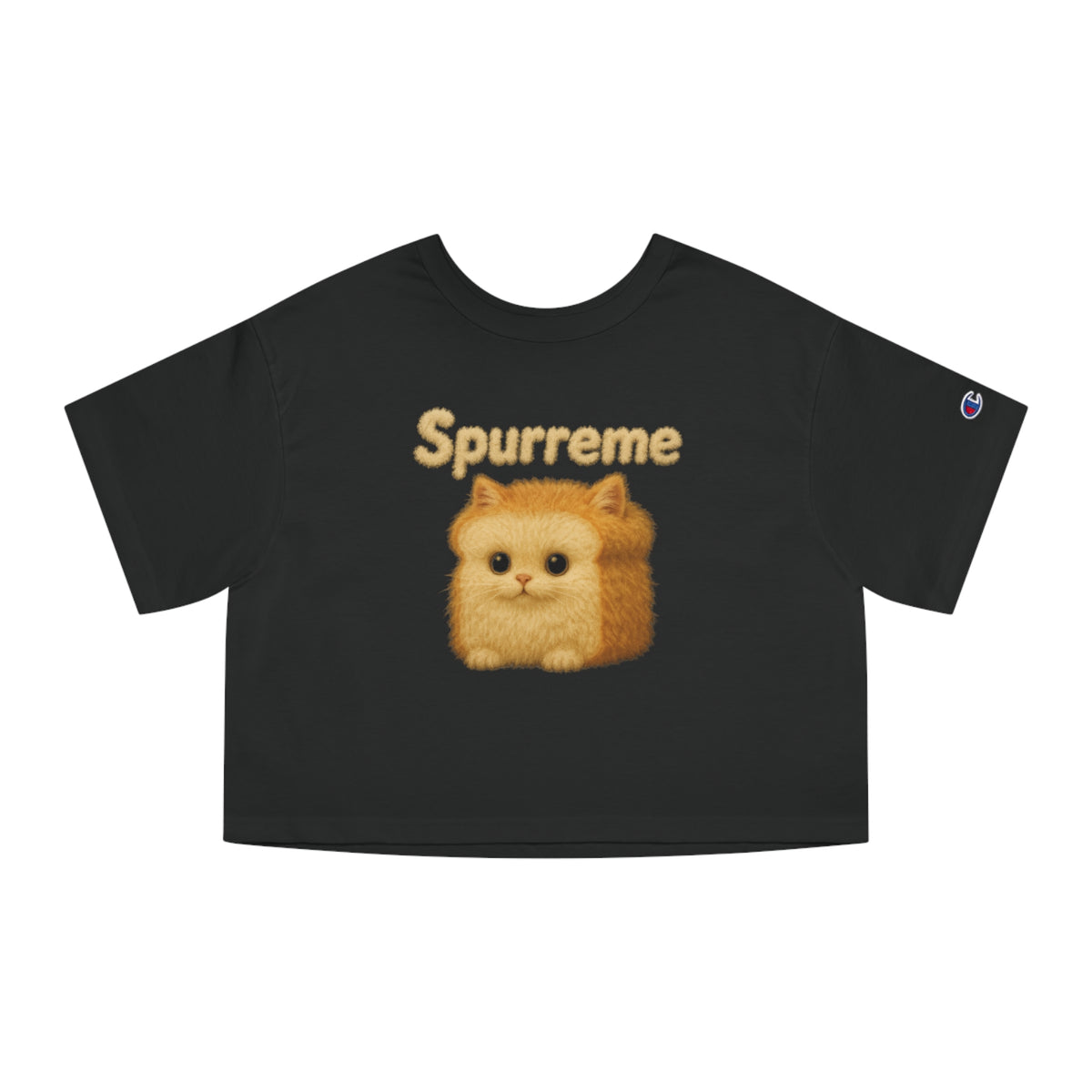 Spurreme Fluffy Loaf Kitty Graphic Cropped T-Shirt in black, front view
