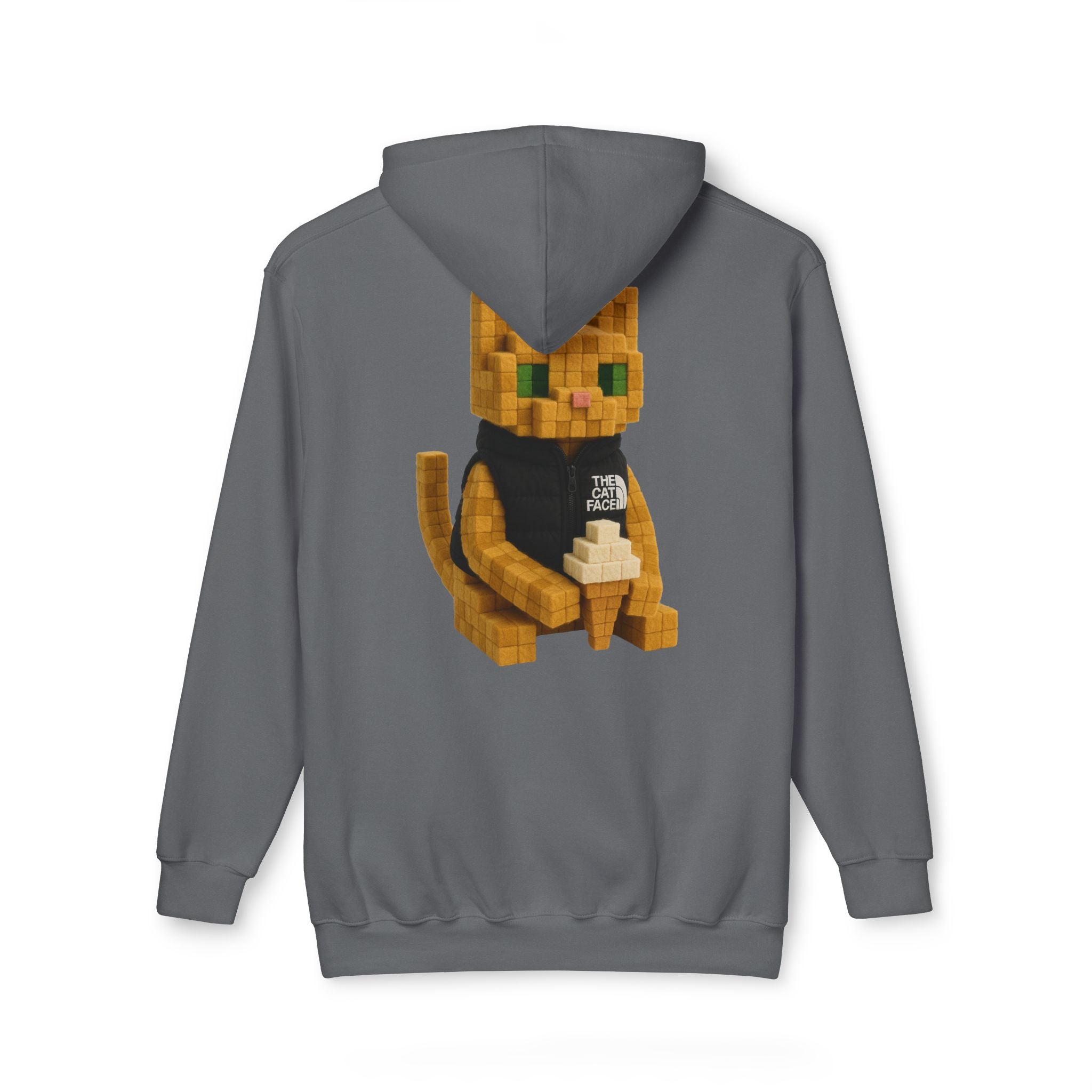 The Cat Face 3D Wool Block Chest Logo & Back Cat Graphic Hoodie in charcoal, back view on a female model